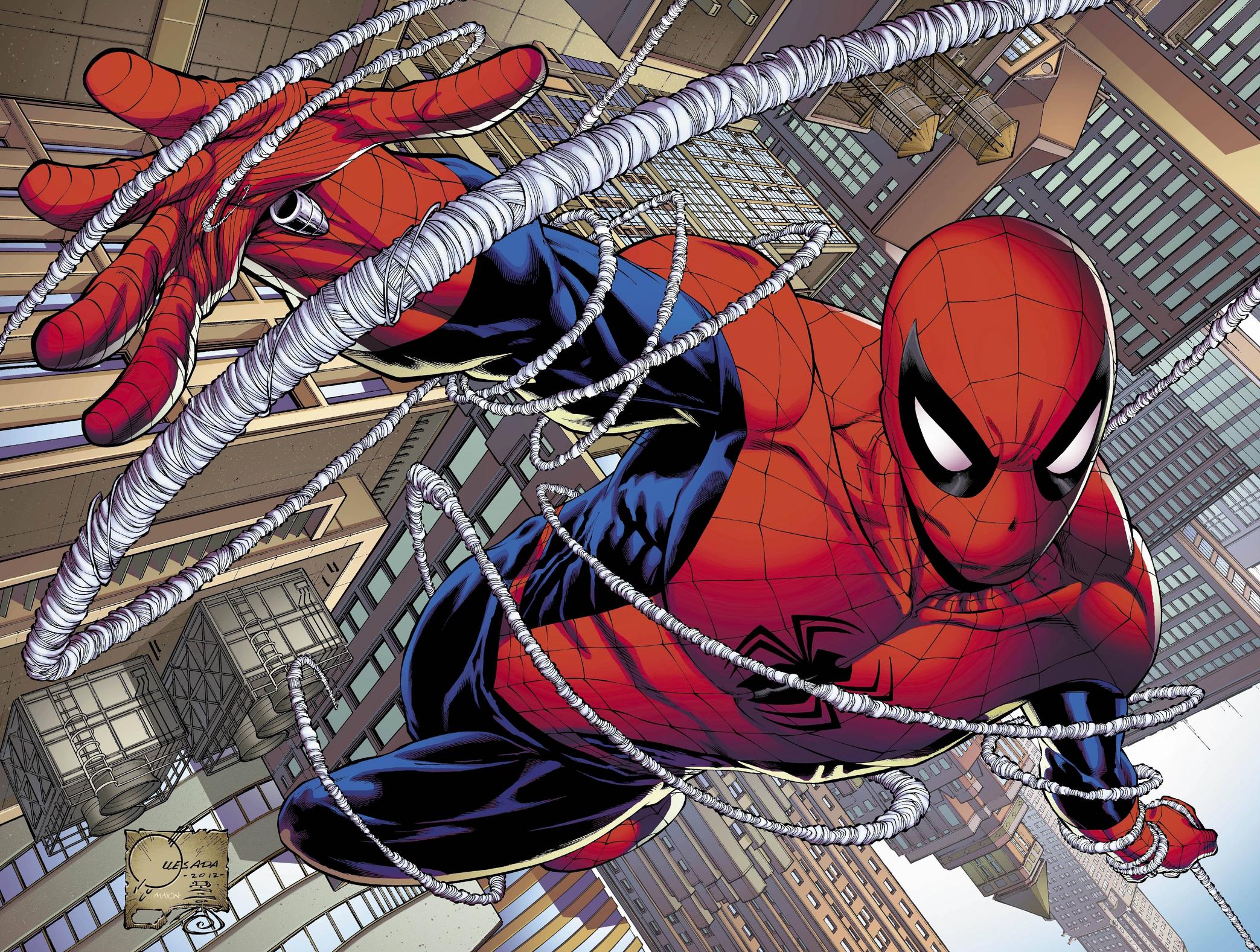 Spider-Man swinging through a city HD Wallpaper