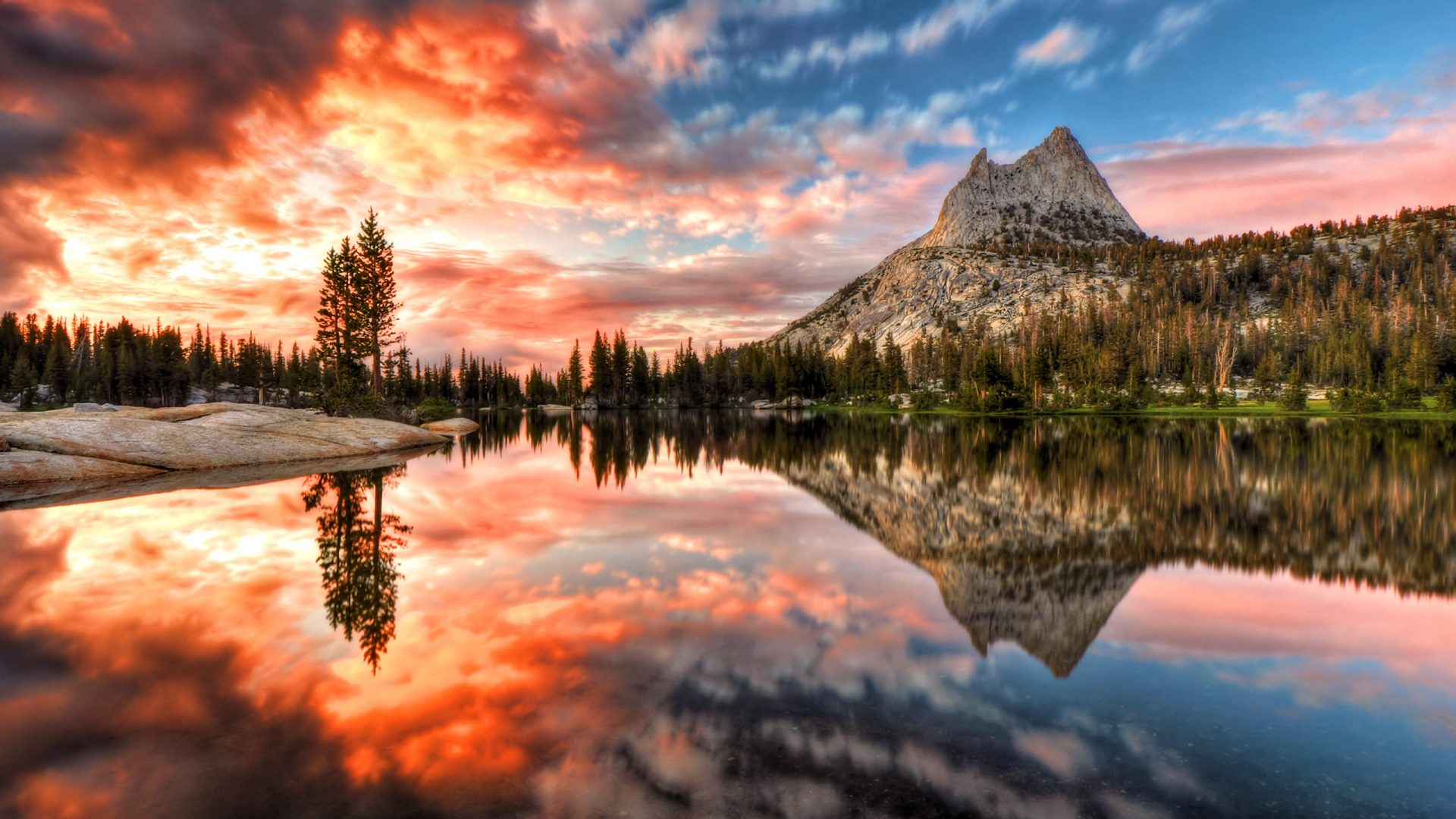 Mountain lake at sunset with colorful sky reflection HD Wallpaper