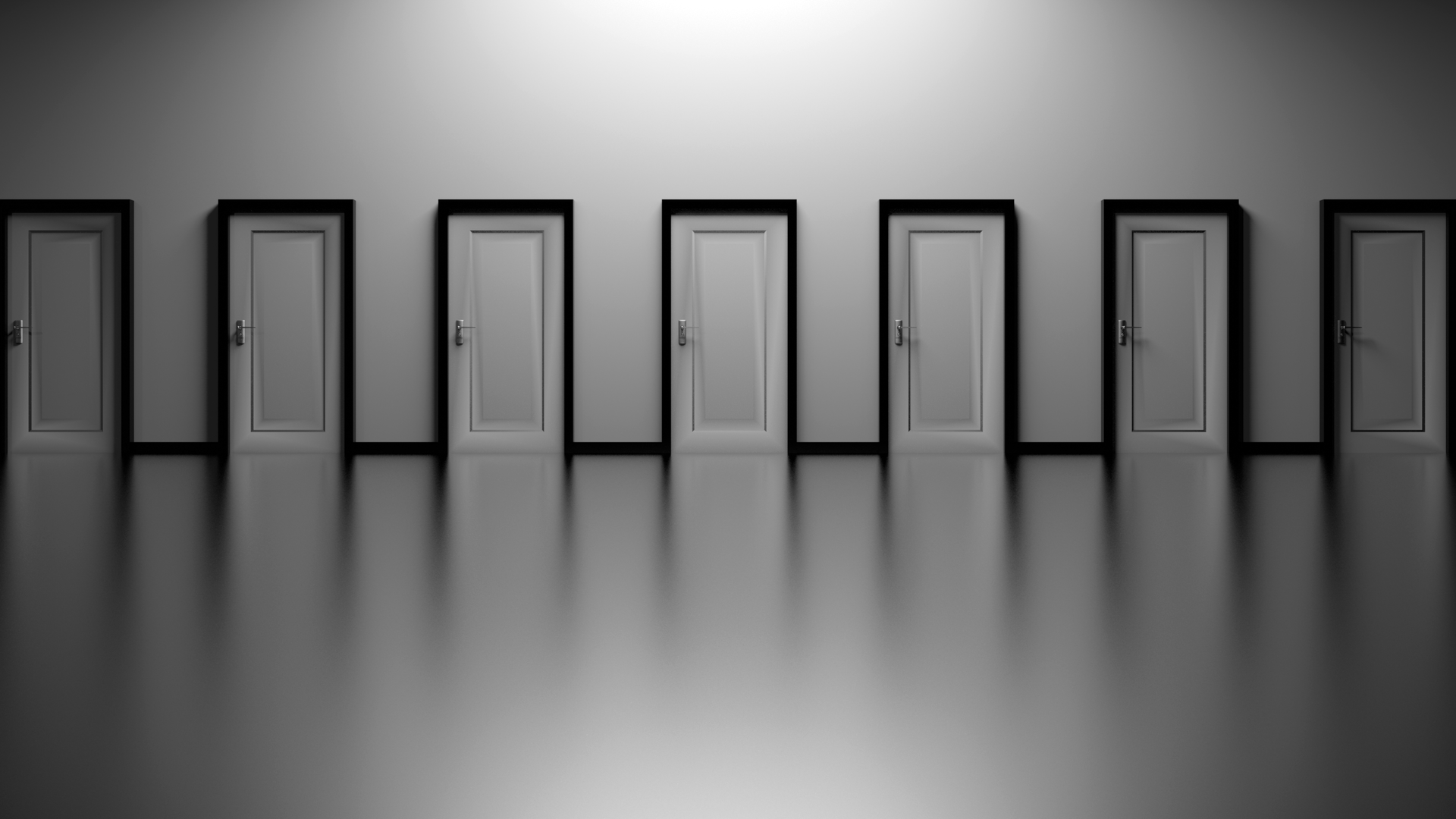 Minimalist monochrome scene with multiple doors and reflections HD Wallpaper