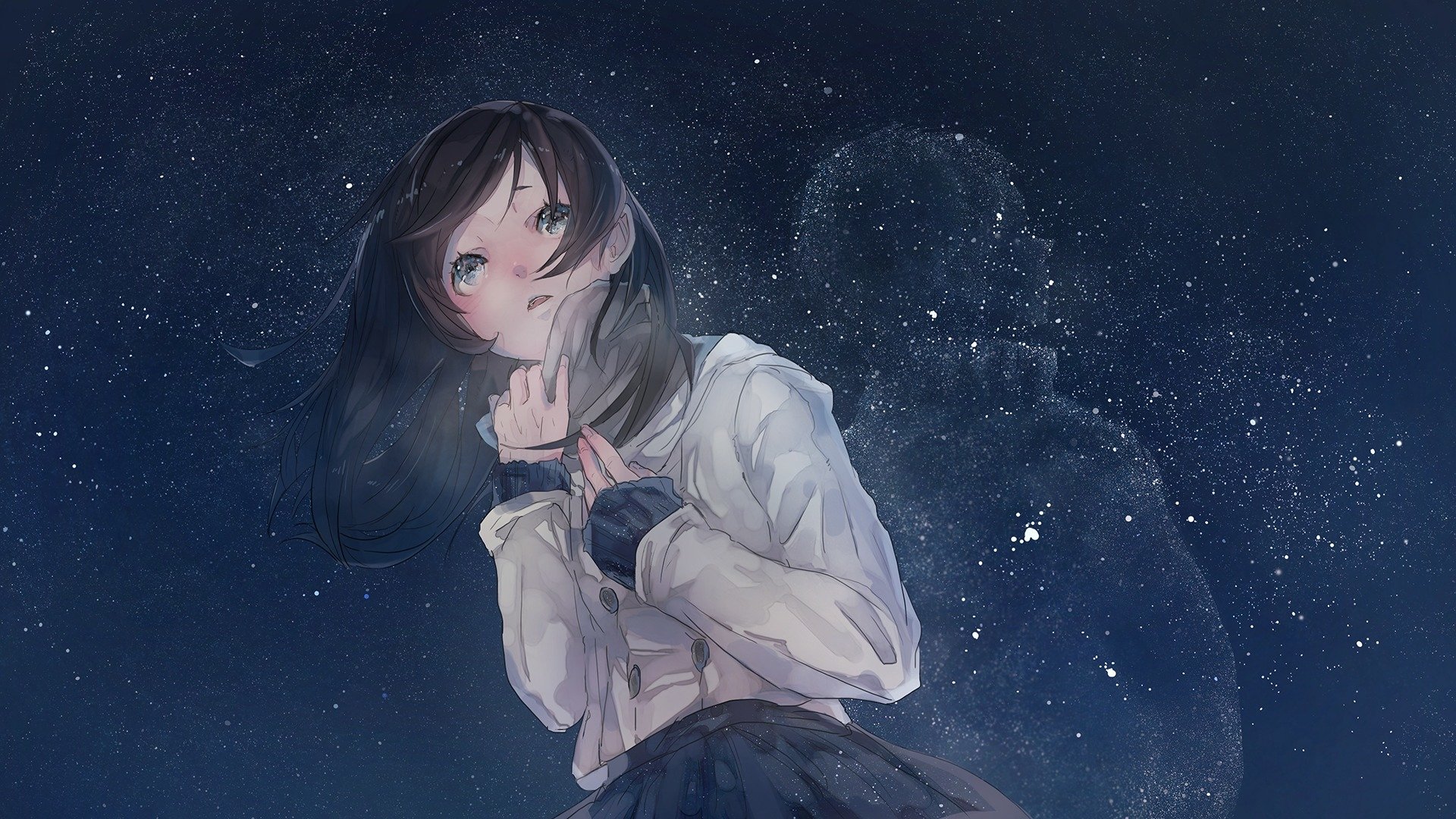 Anime girl with starry background and ghostly figure HD Wallpaper