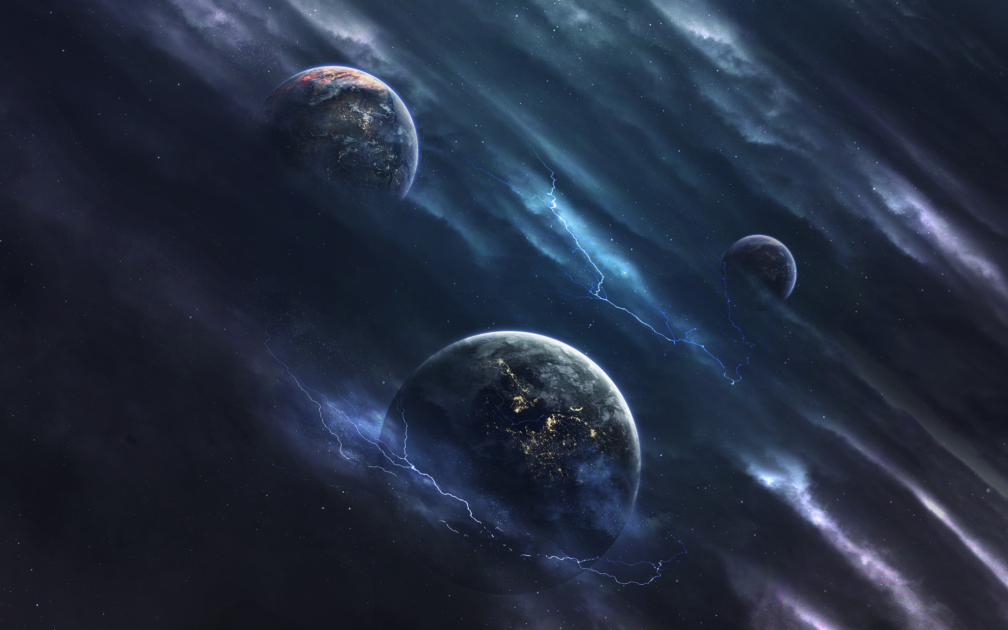 Digital art of planets and lightning in space HD Wallpaper