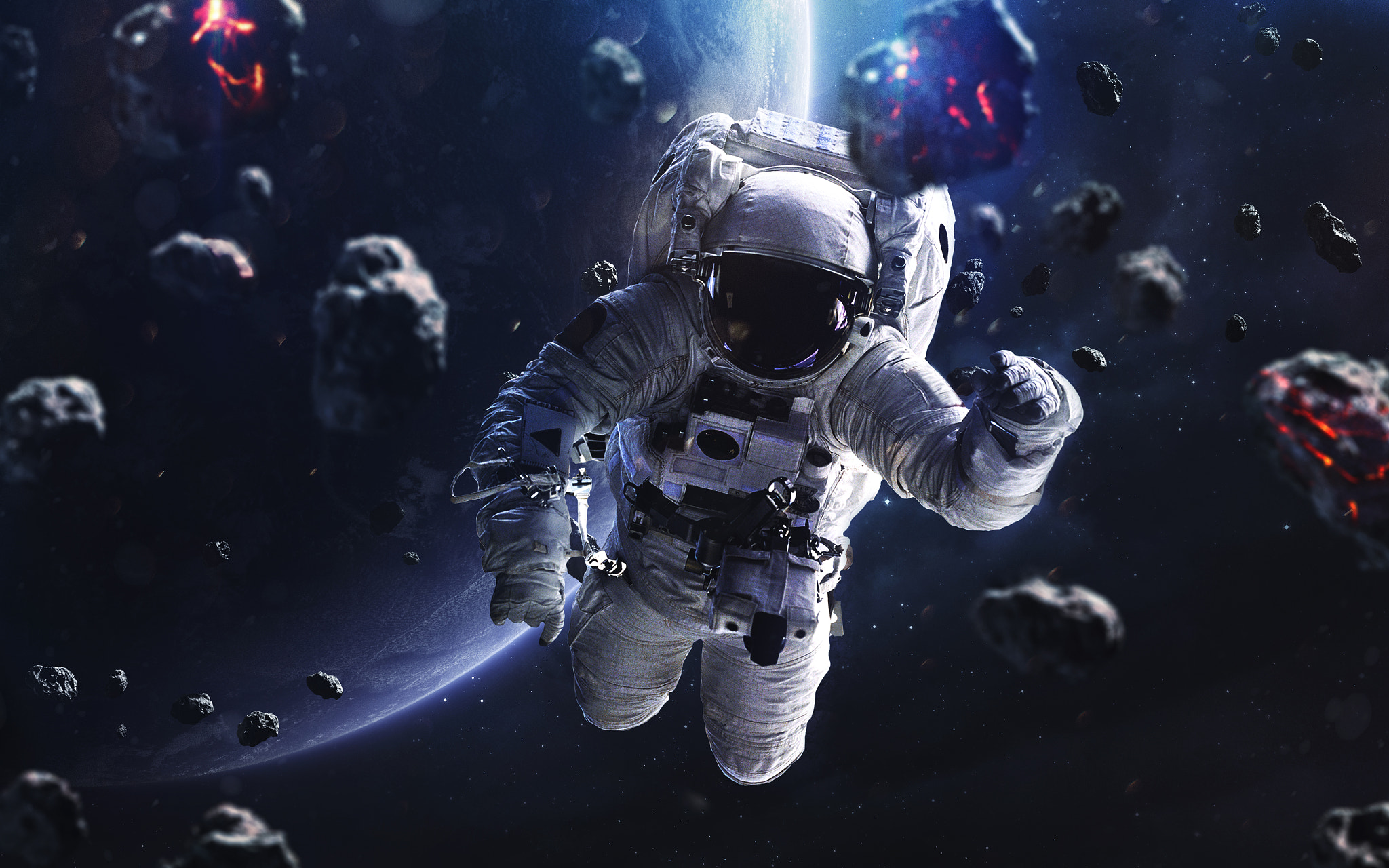 Astronaut floating in space among asteroids HD Wallpaper