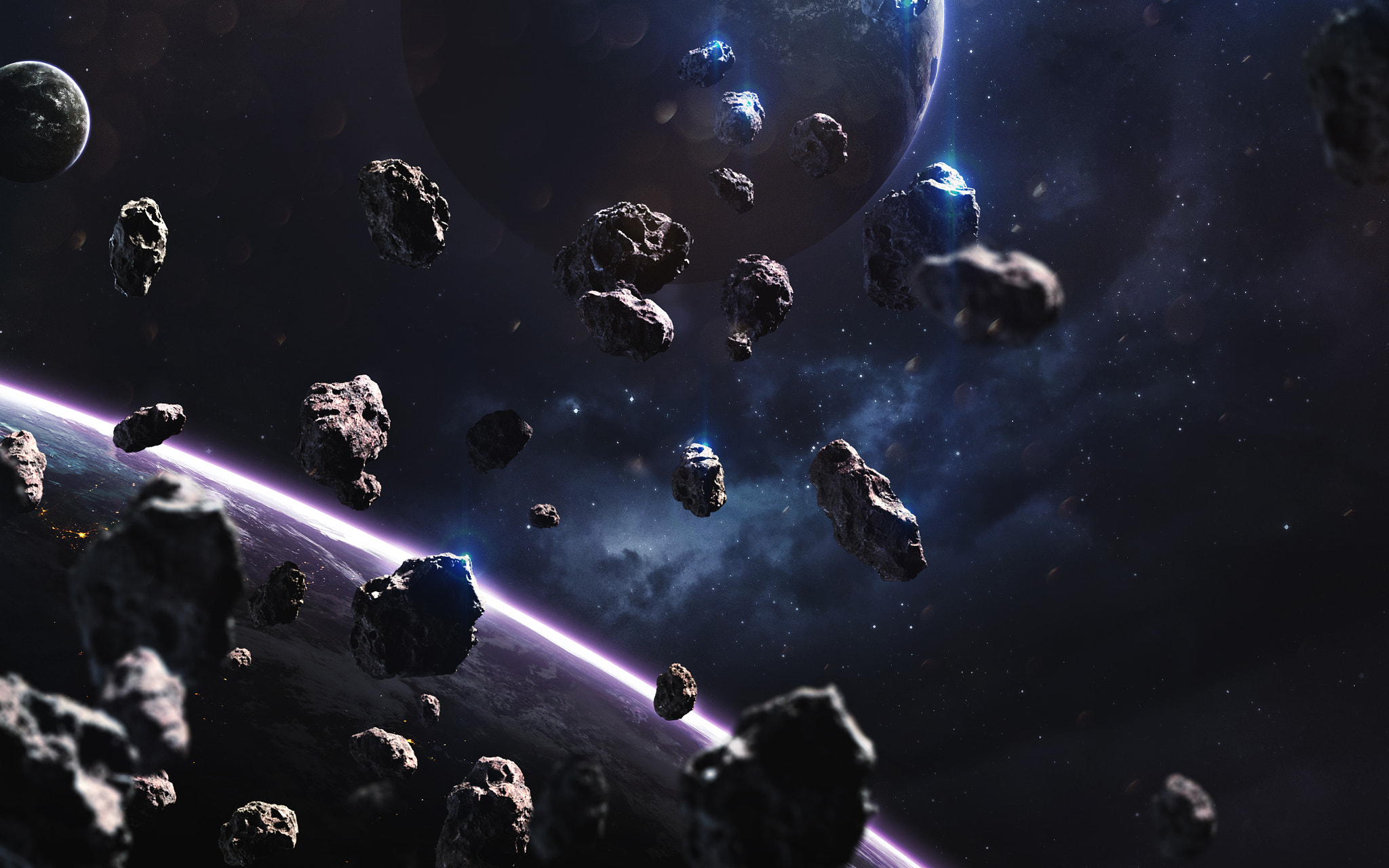 Asteroids near a planet in deep space HD Wallpaper