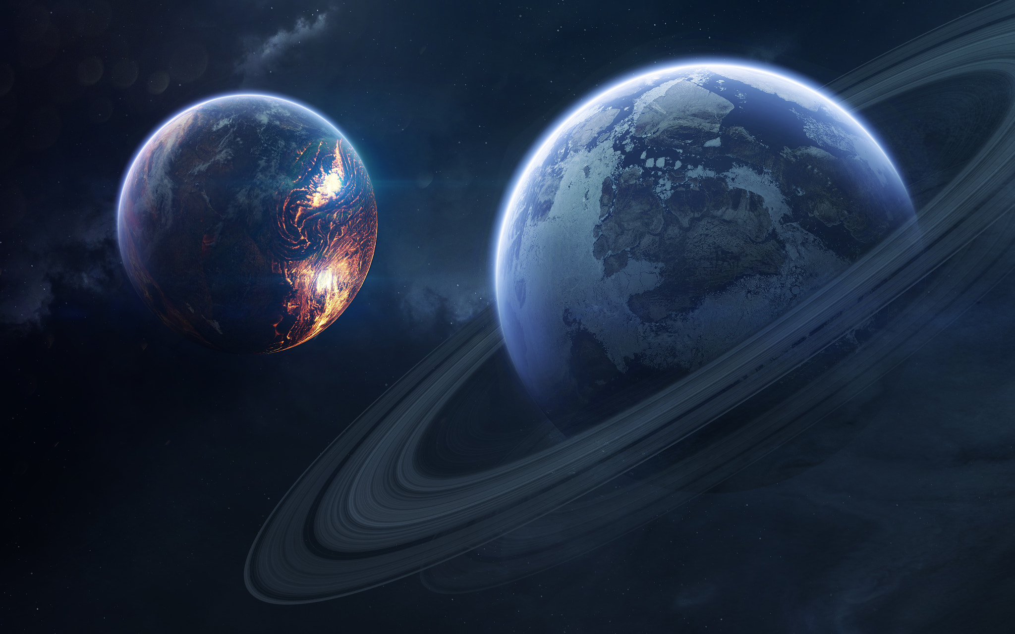 Planetary rings and a fiery planet in space HD Wallpaper