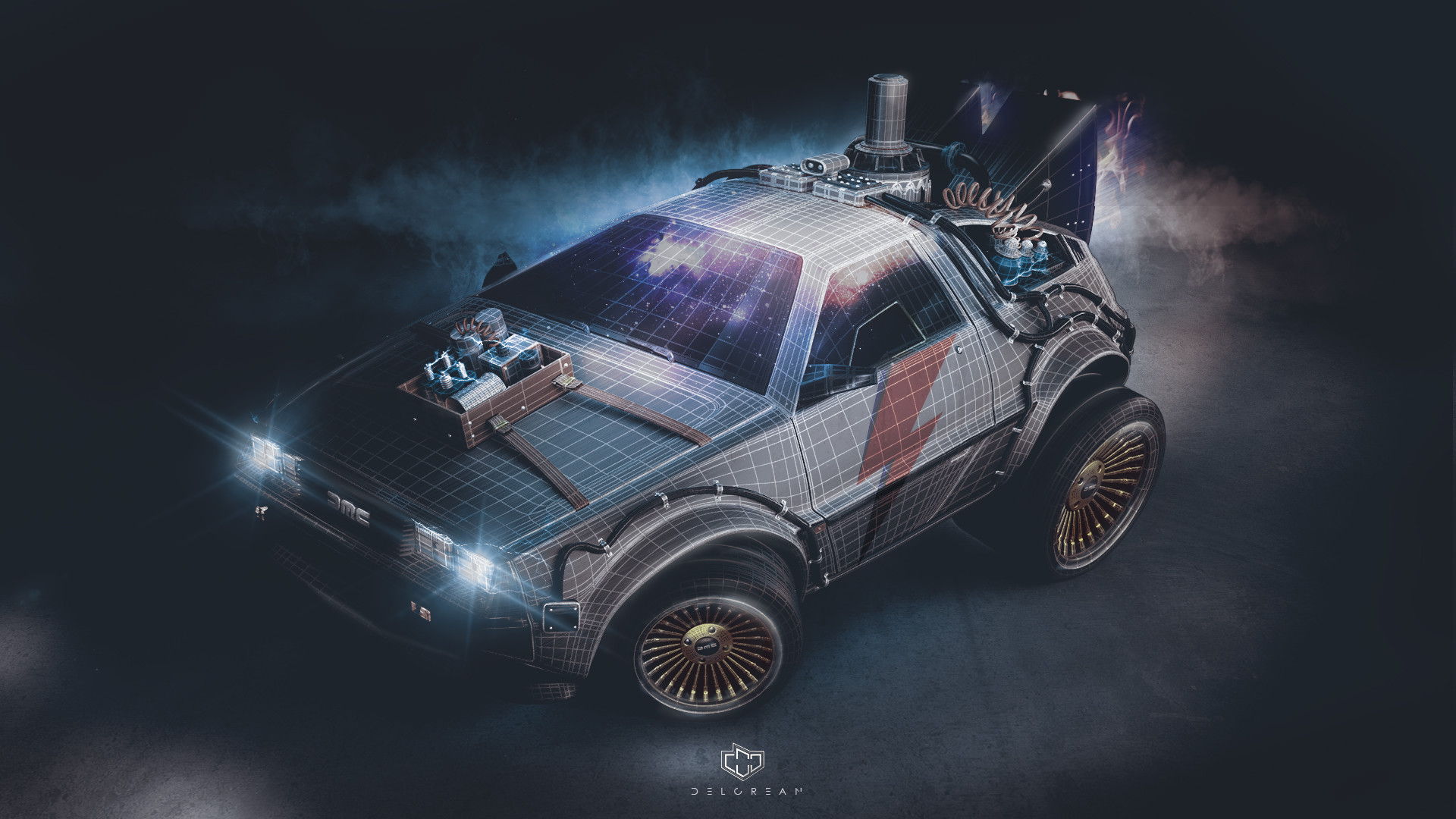 3D wireframe render of a DeLorean time machine HD Wallpaper