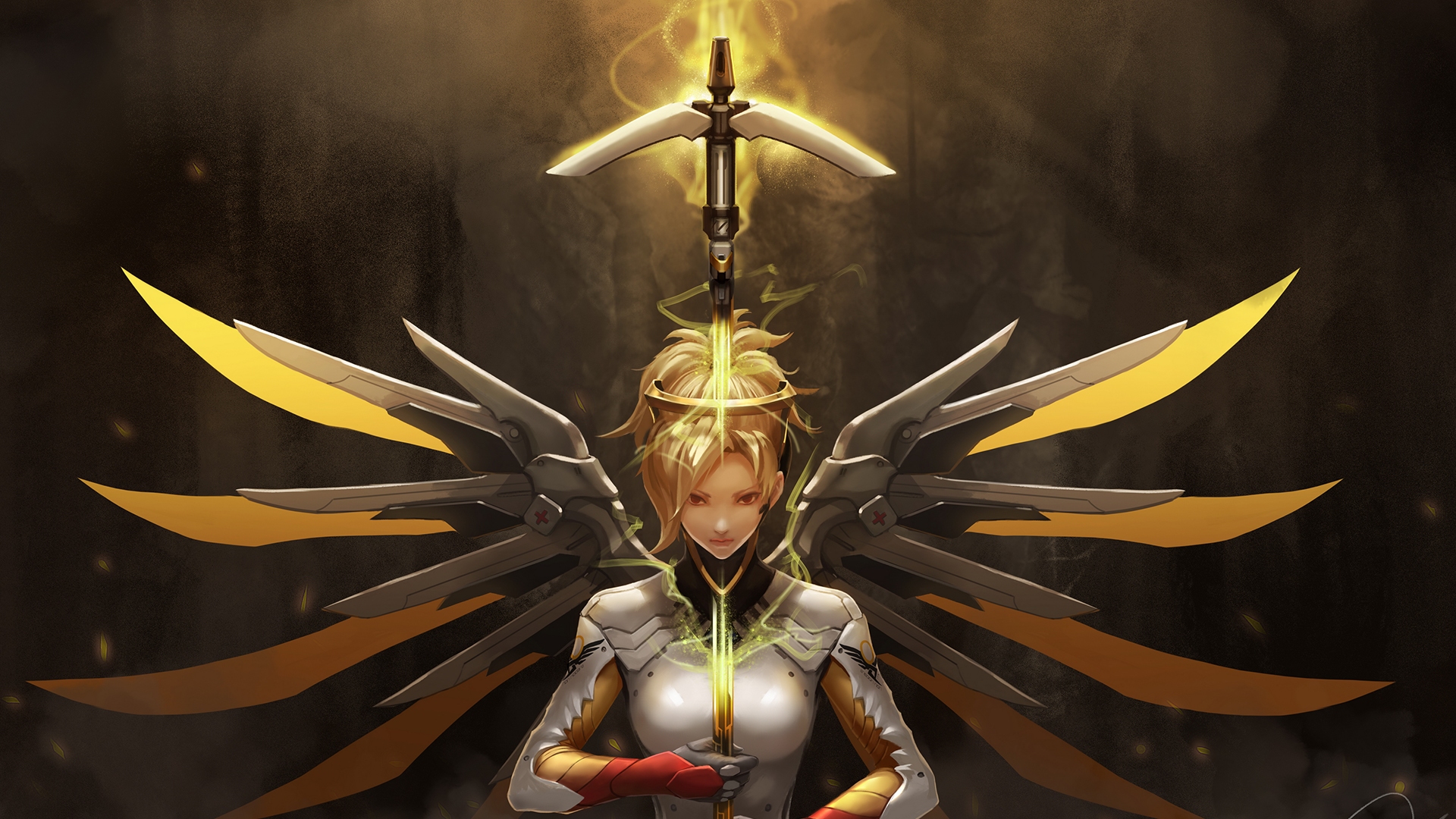 Mercy from Overwatch with wings and Caduceus Staff HD Wallpaper