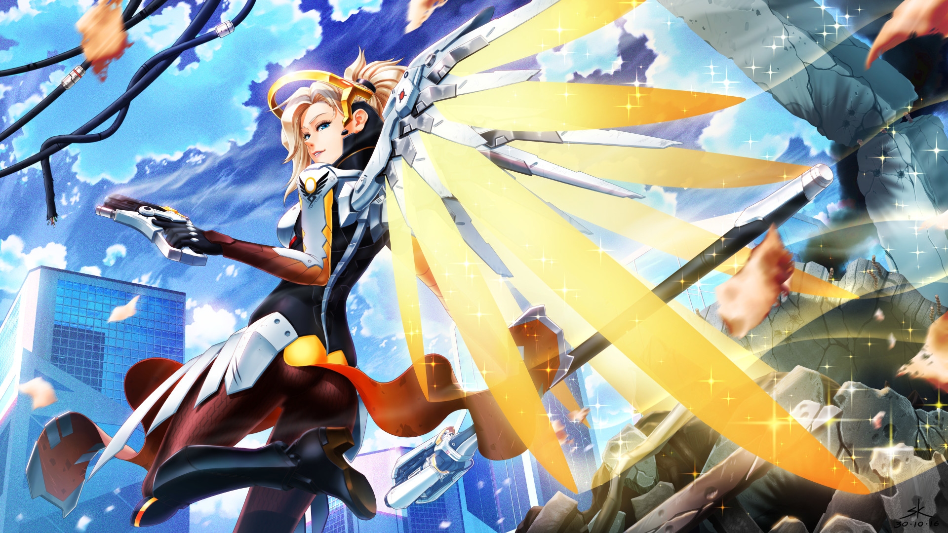 Mercy from Overwatch flying with wings HD Wallpaper