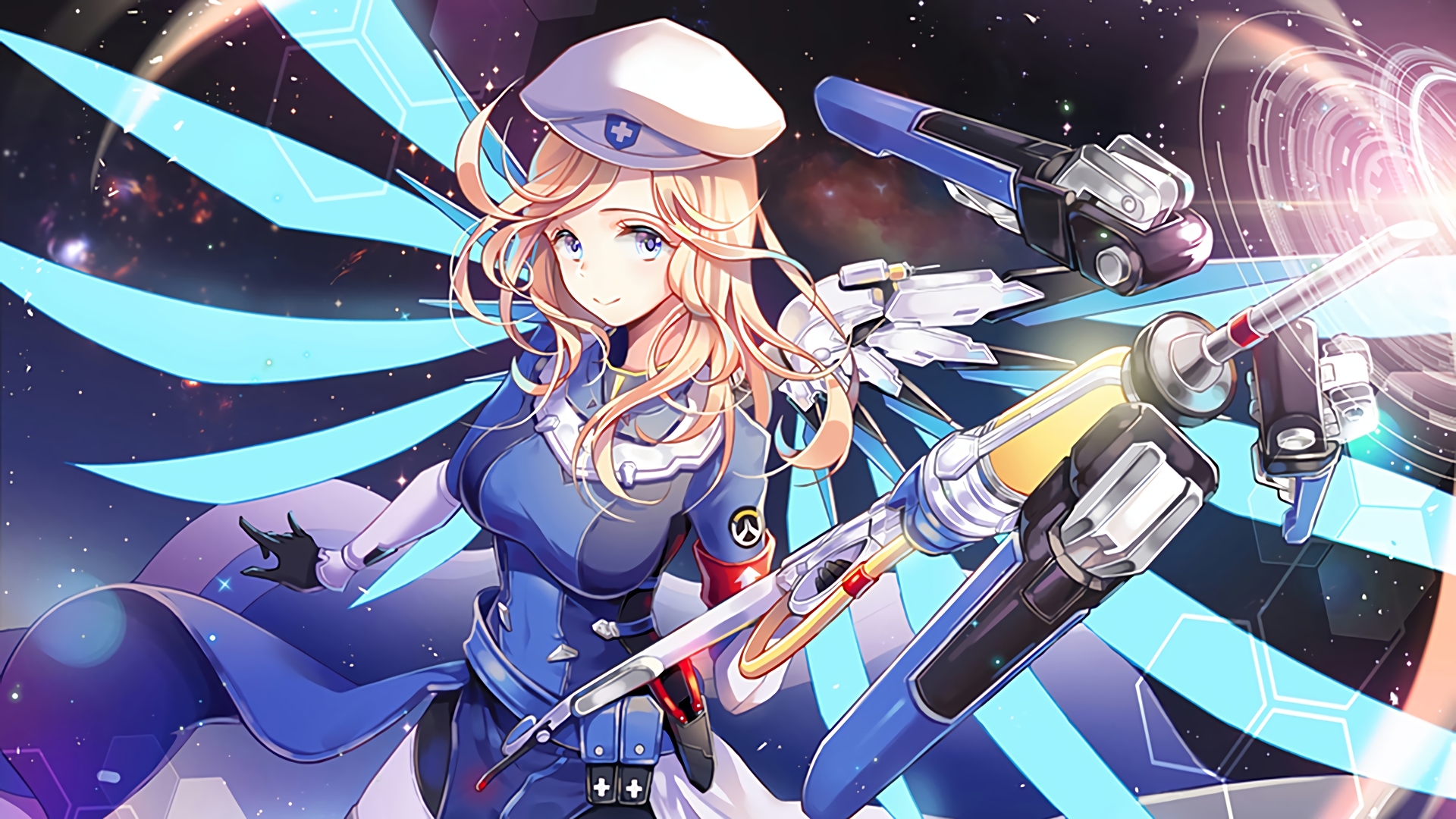 Mercy from Overwatch in a blue uniform with wings HD Wallpaper