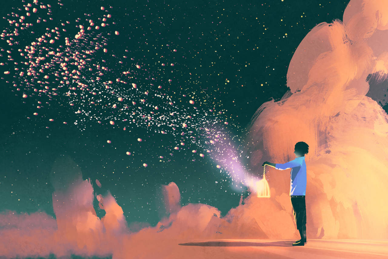 Boy holding a lantern releasing stars into the night sky HD Wallpaper