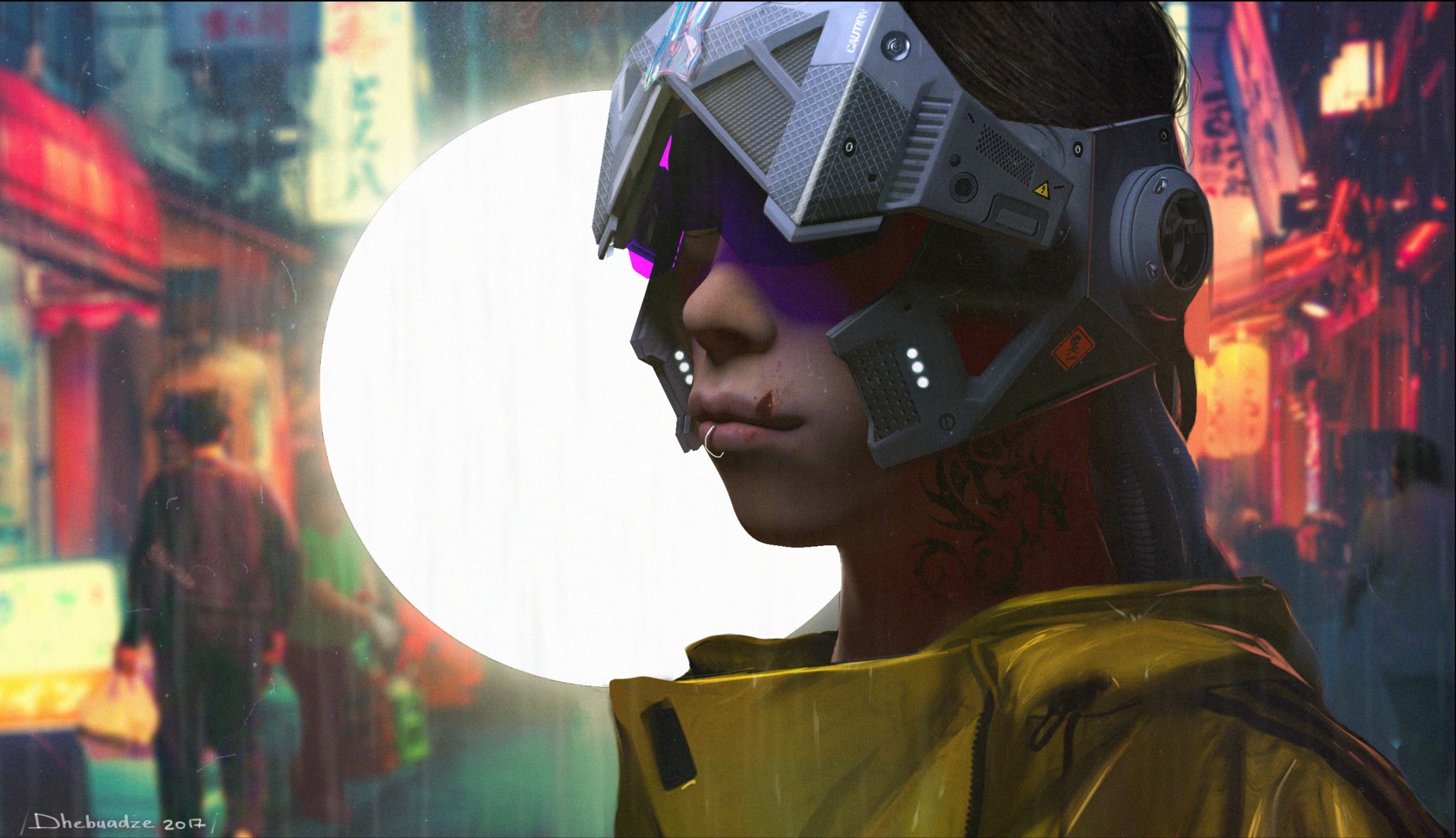Woman with futuristic visor and tattoos in a neon city HD Wallpaper