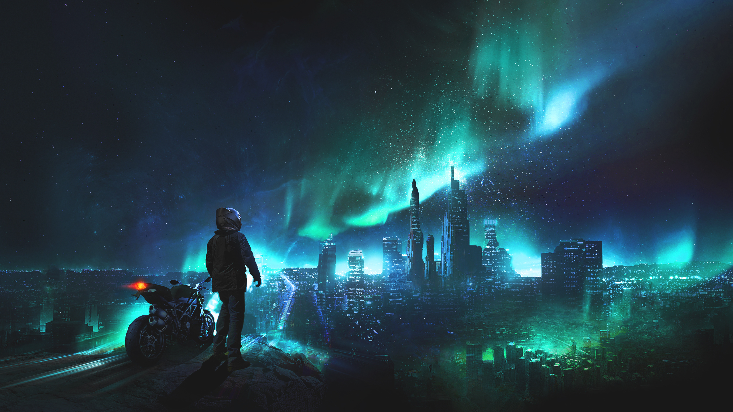 Man with motorcycle overlooking futuristic city under aurora borealis HD Wallpaper