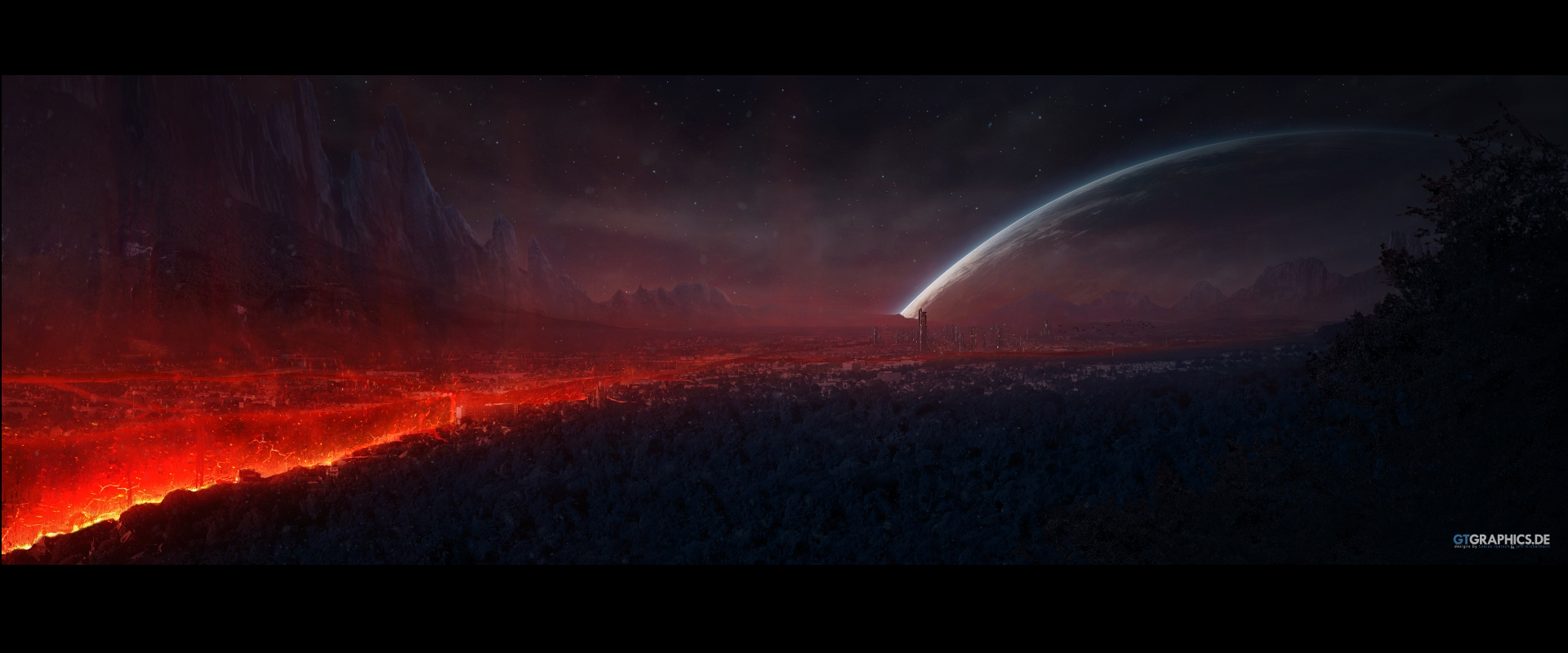Alien landscape with lava and a distant planet HD Wallpaper
