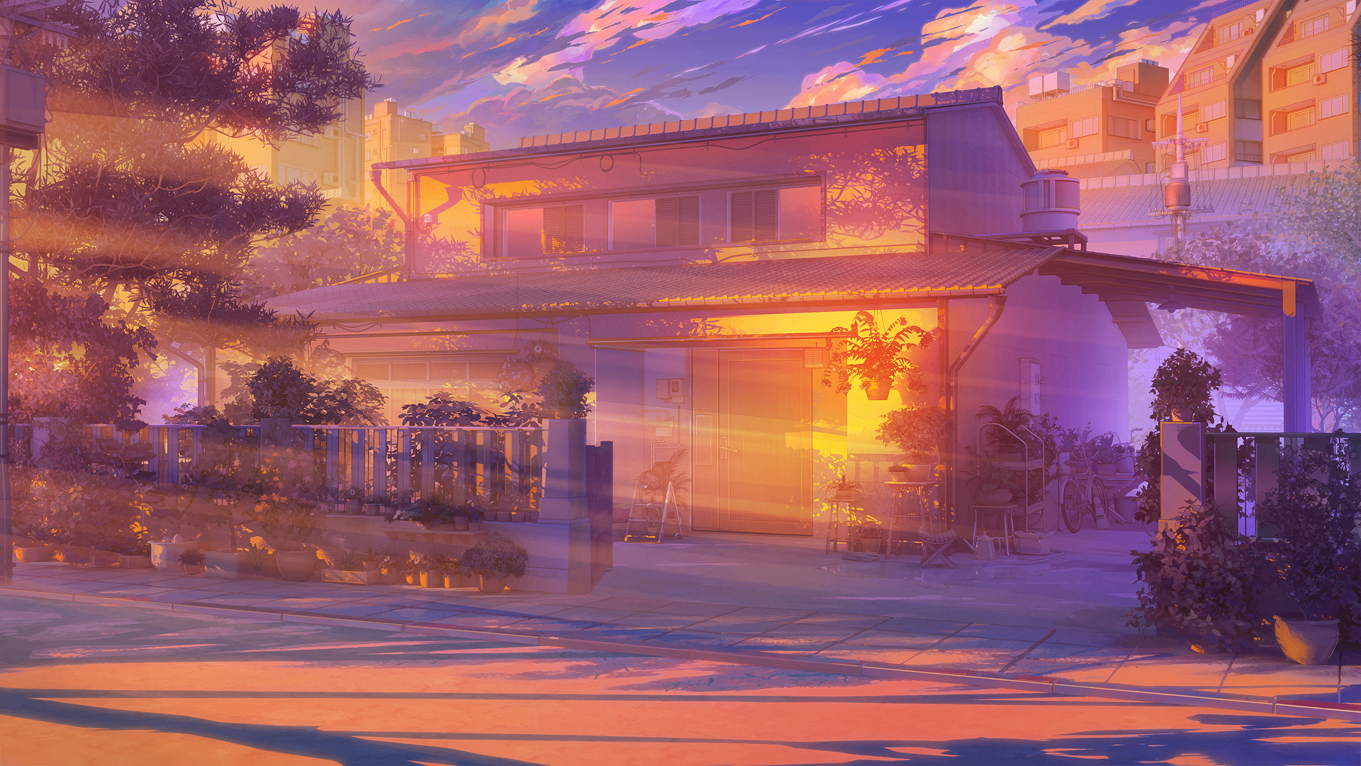 Anime house with sun rays at sunset HD Wallpaper