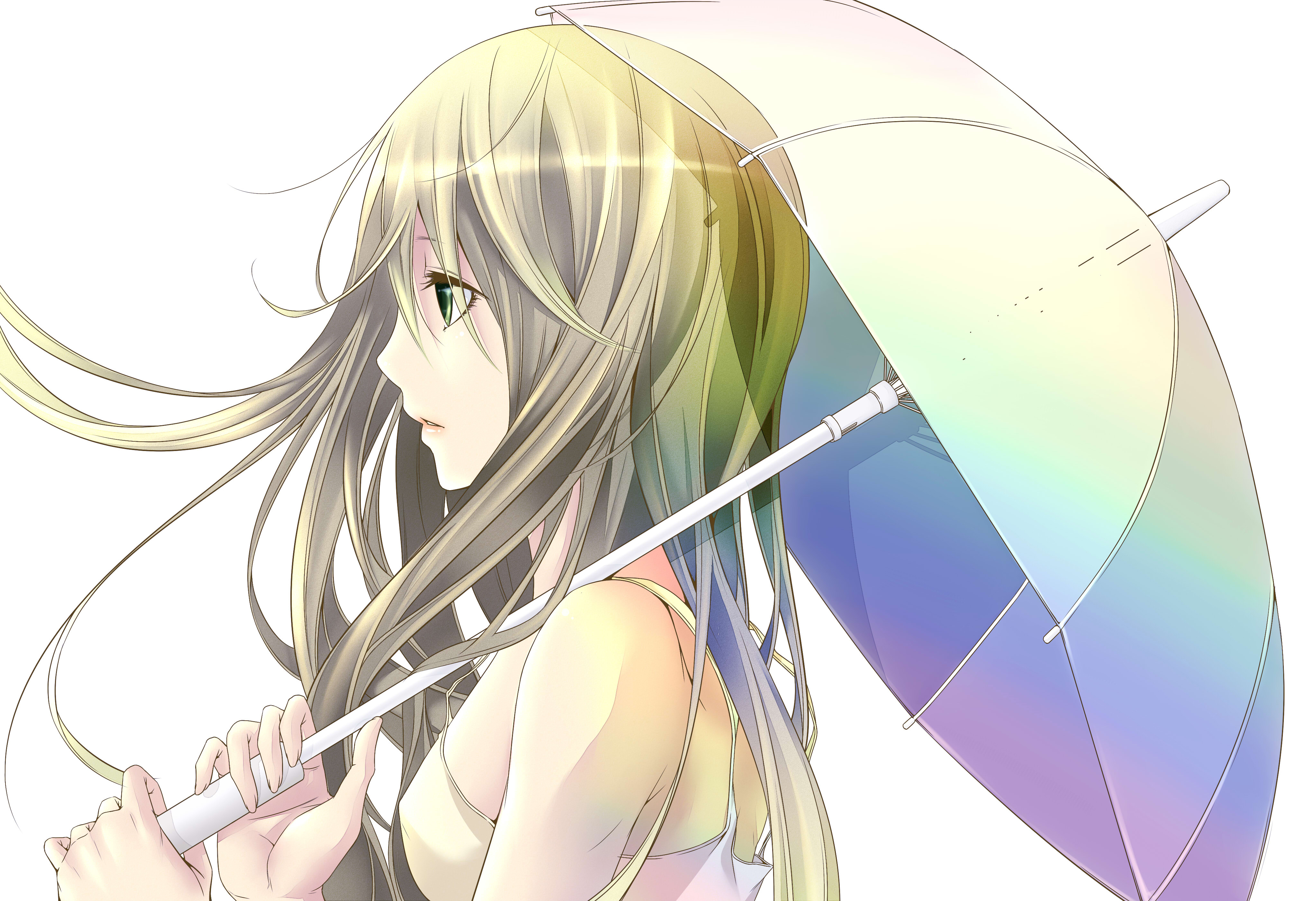 Anime girl with long hair holding a colorful umbrella HD Wallpaper