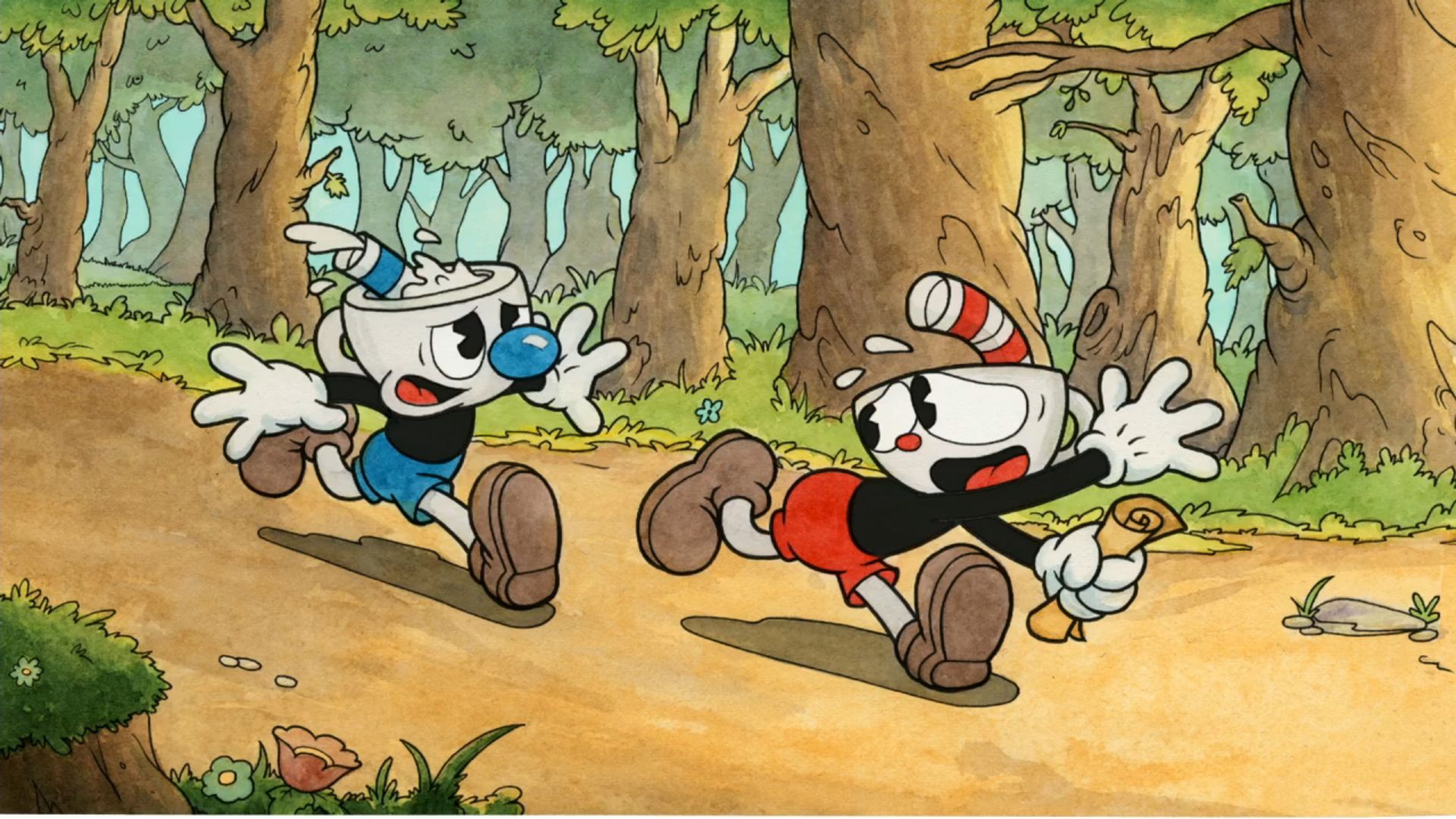 Cuphead and Mugman running in a forest HD Wallpaper