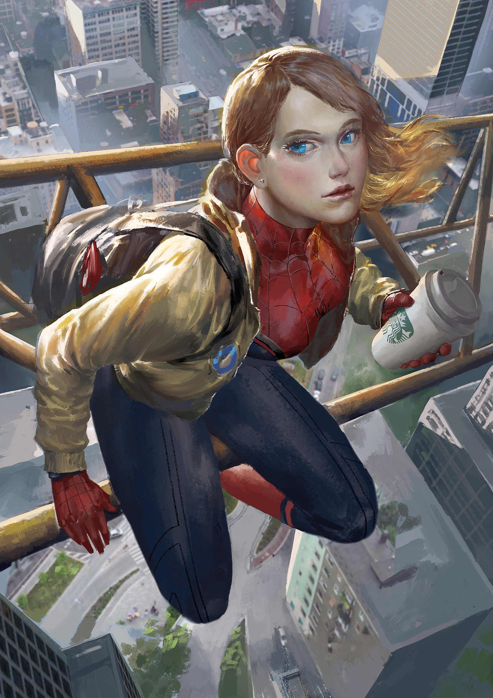 Spider-Woman holding Starbucks cup on building HD Wallpaper