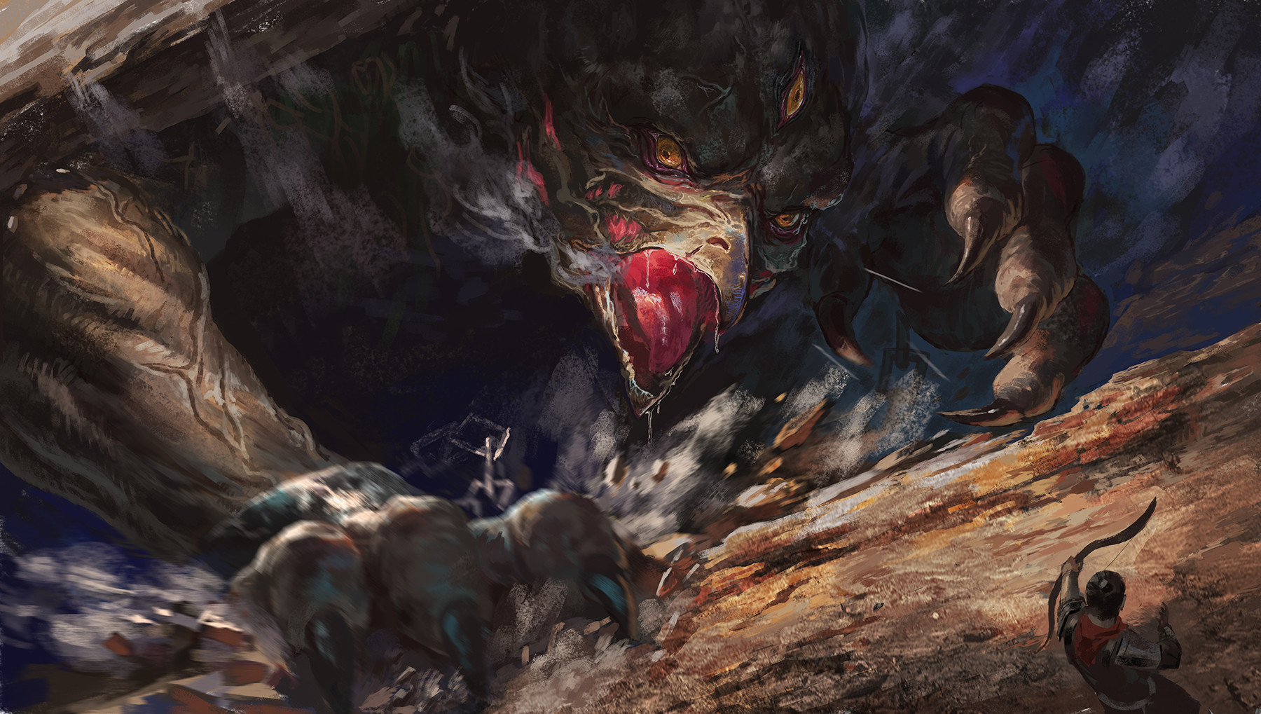 Giant demon monster attacking warriors with bows HD Wallpaper