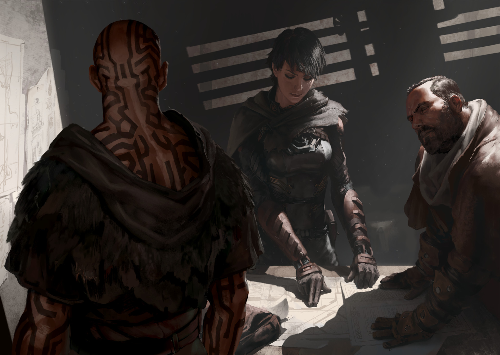 Three warriors gathered around a table with maps HD Wallpaper