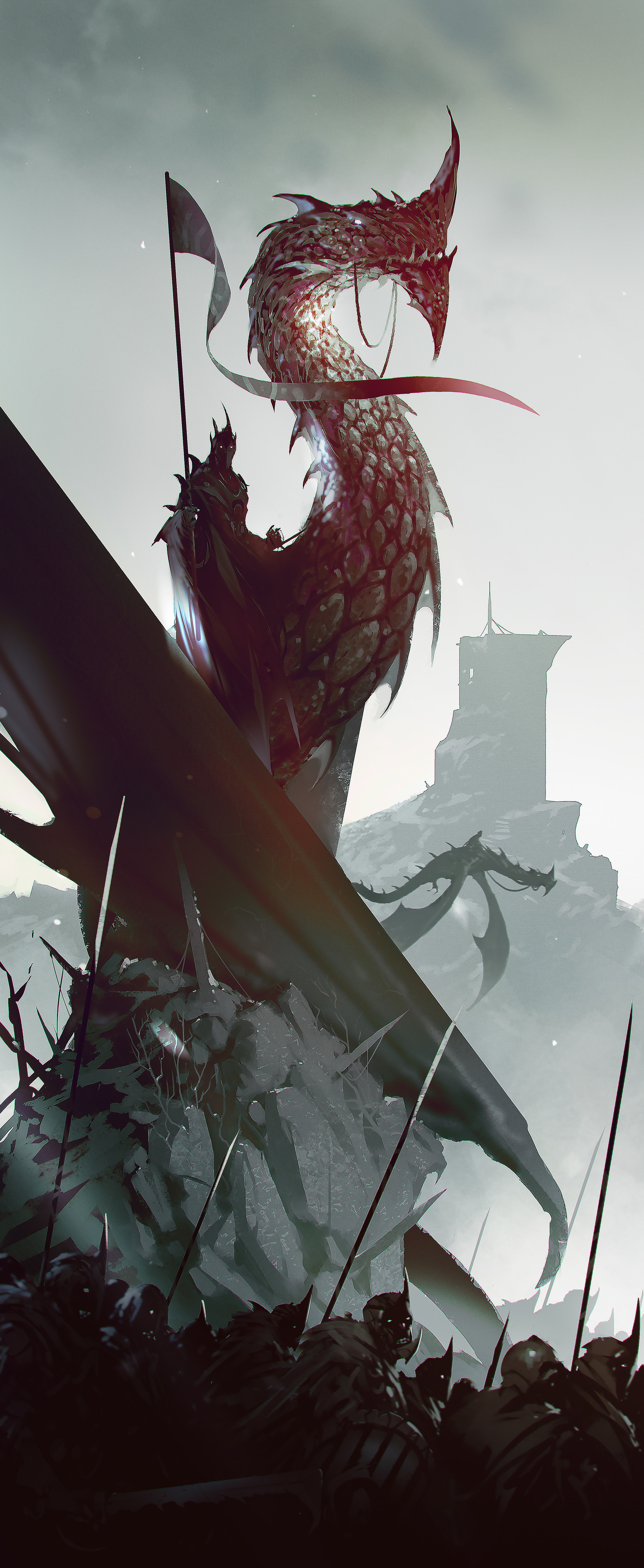 Knight riding a dragon with an army below HD Wallpaper