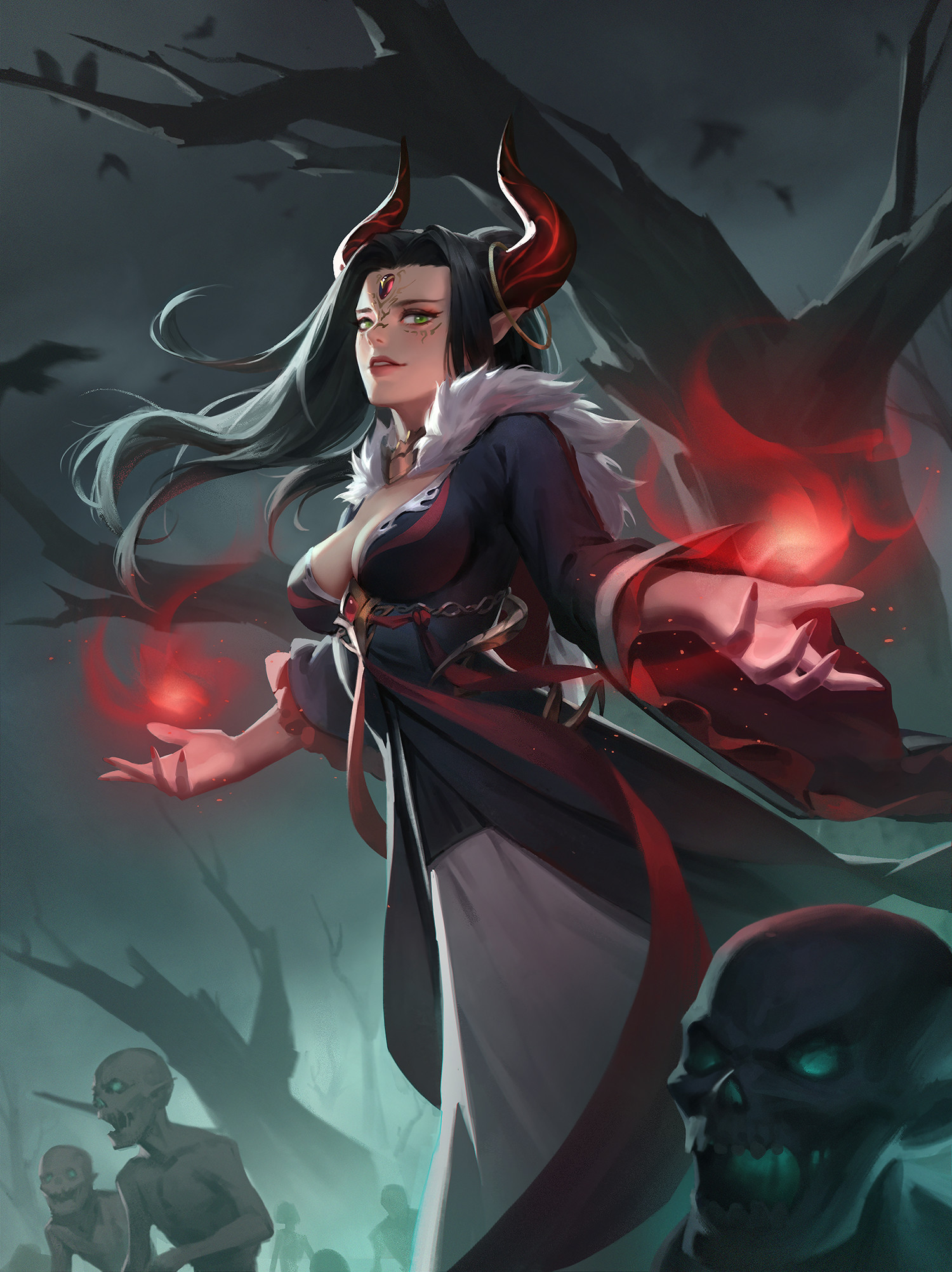 Demon sorceress with horns and zombies HD Wallpaper