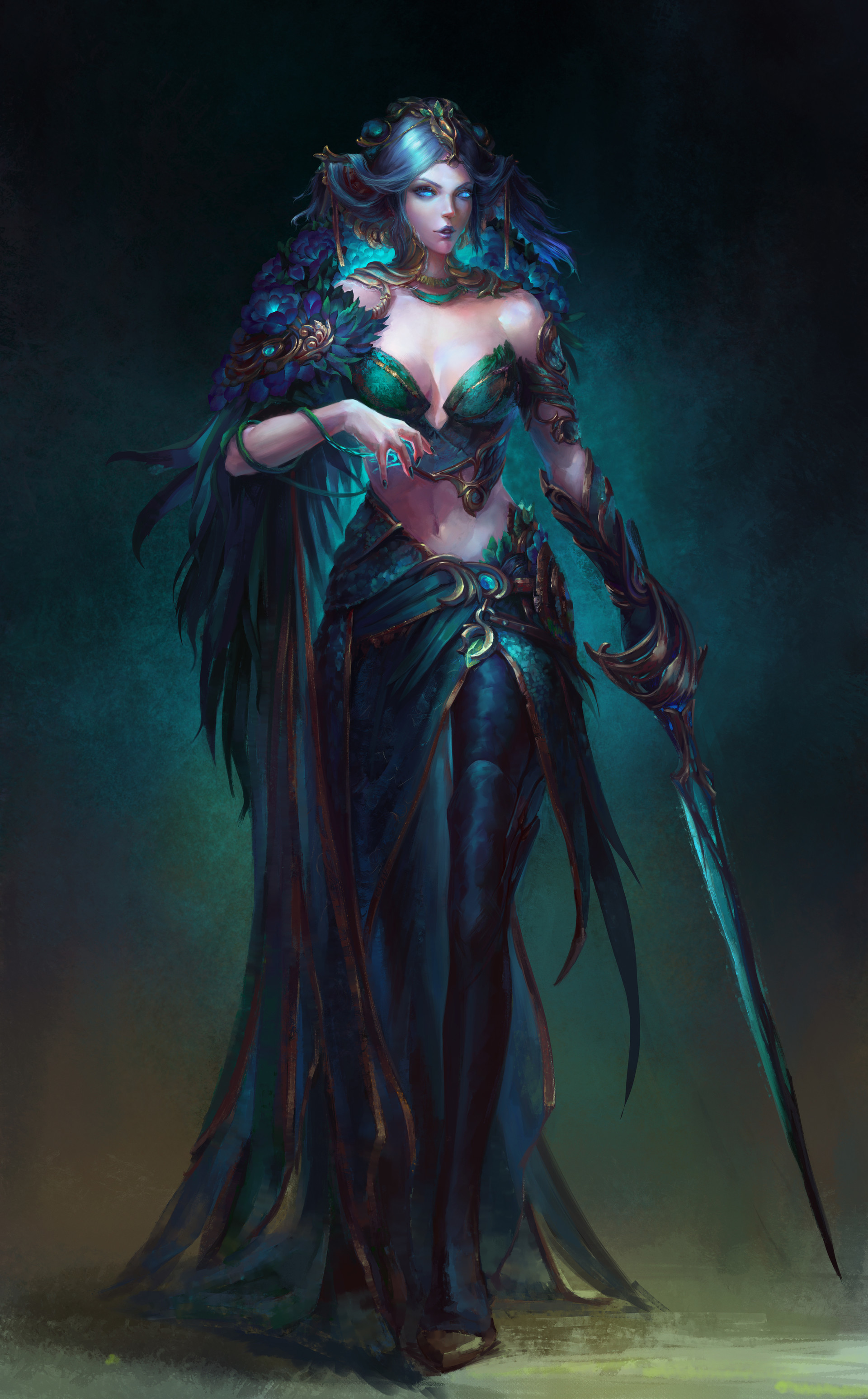 Fantasy warrior woman with blue hair and sword HD Wallpaper