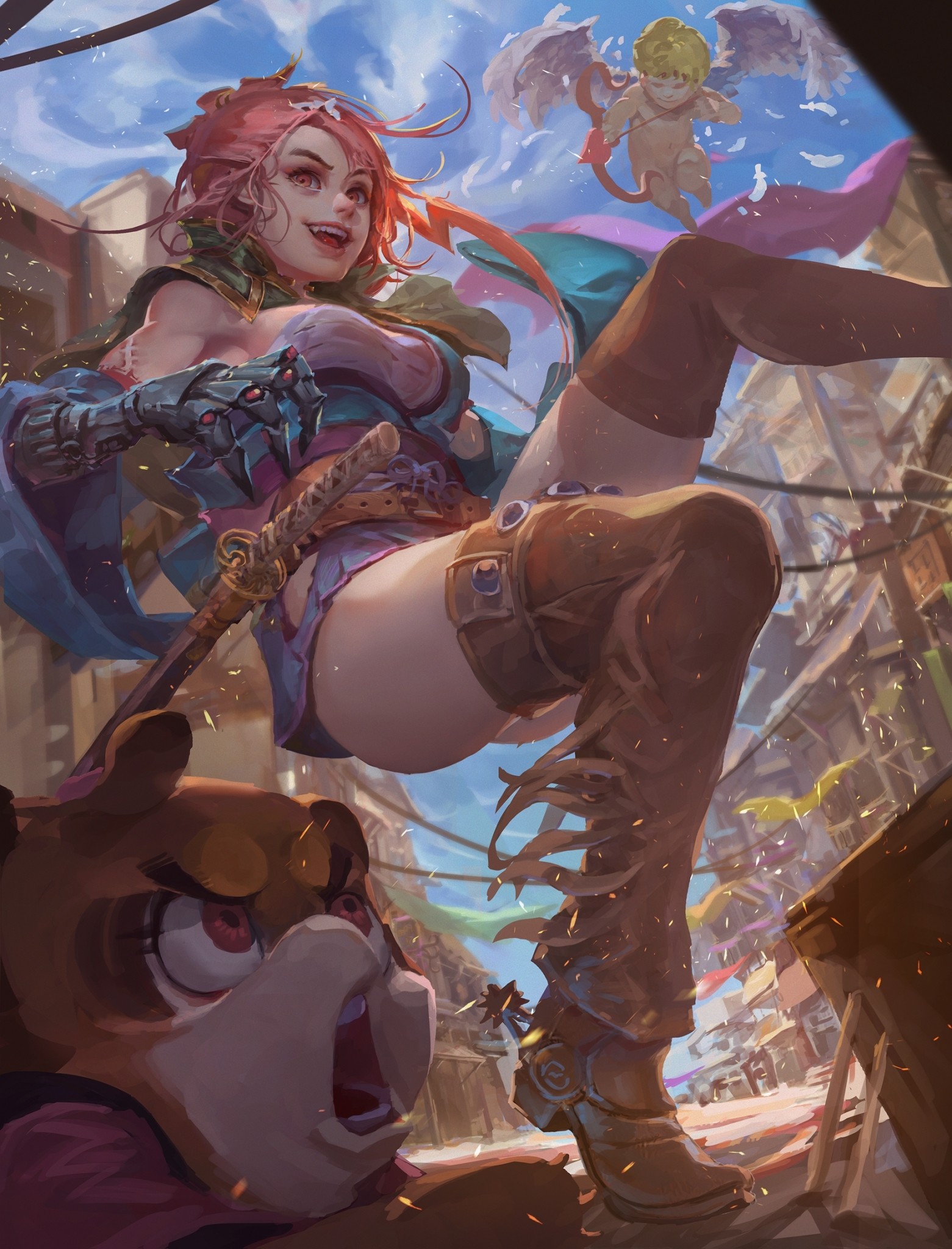Fantasy warrior with sword and cupid HD Wallpaper