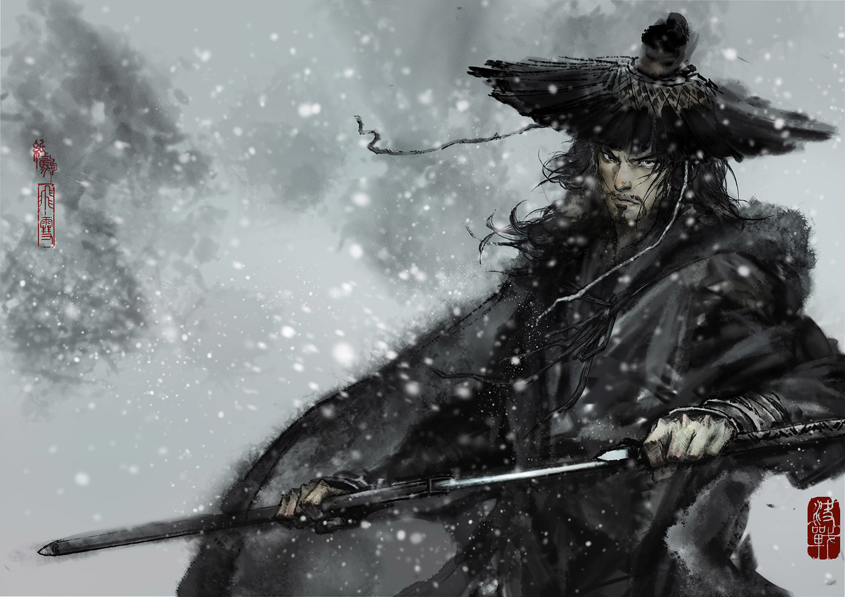 Fantasy warrior with sword in snow HD Wallpaper