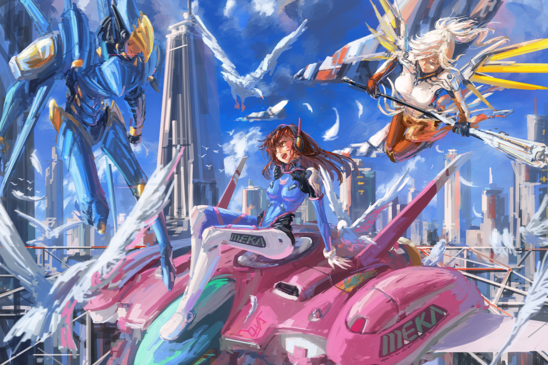 D.Va, Mercy, and Pharah from Overwatch in a city HD Wallpaper