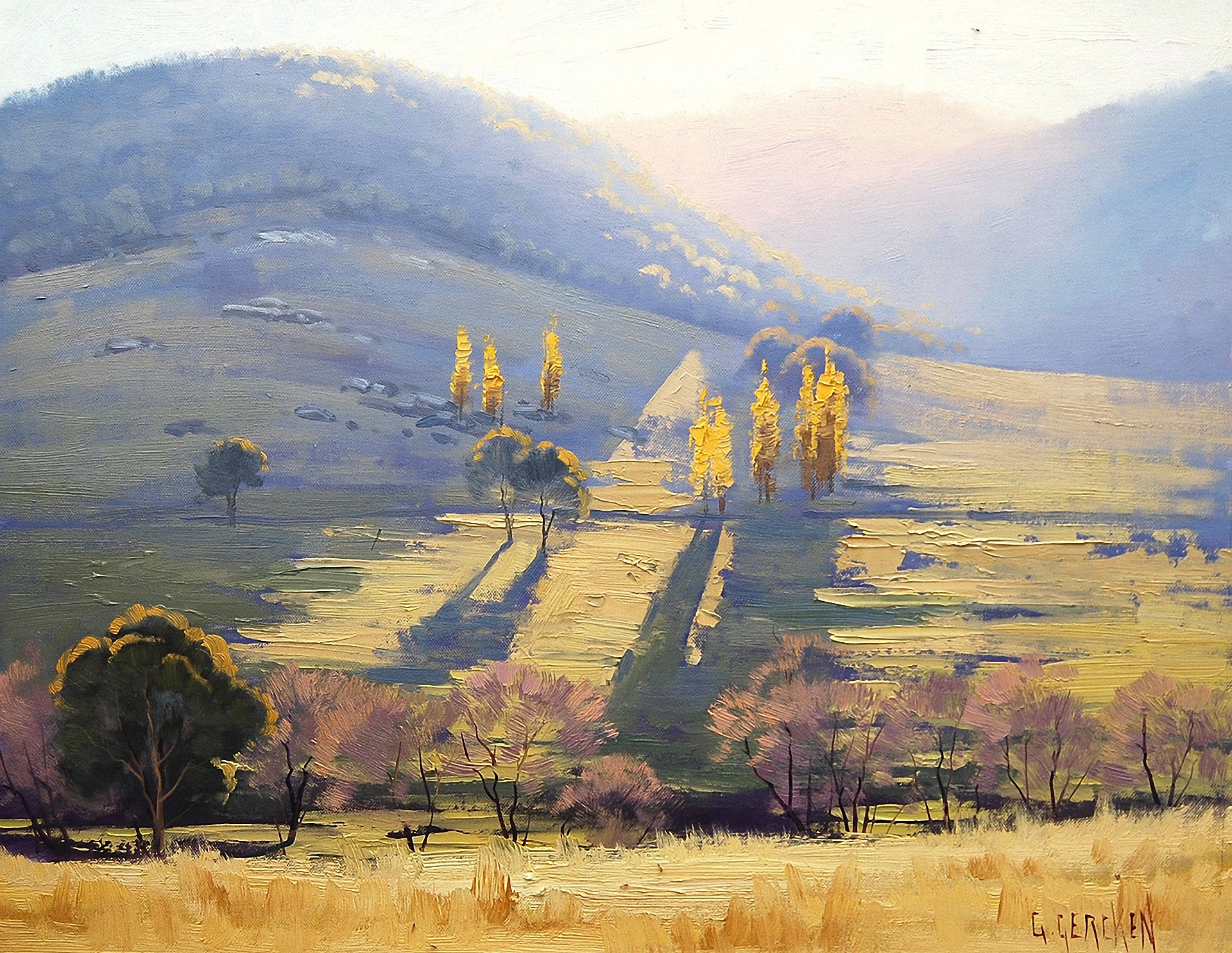 Landscape painting of rolling hills and trees at sunset HD Wallpaper