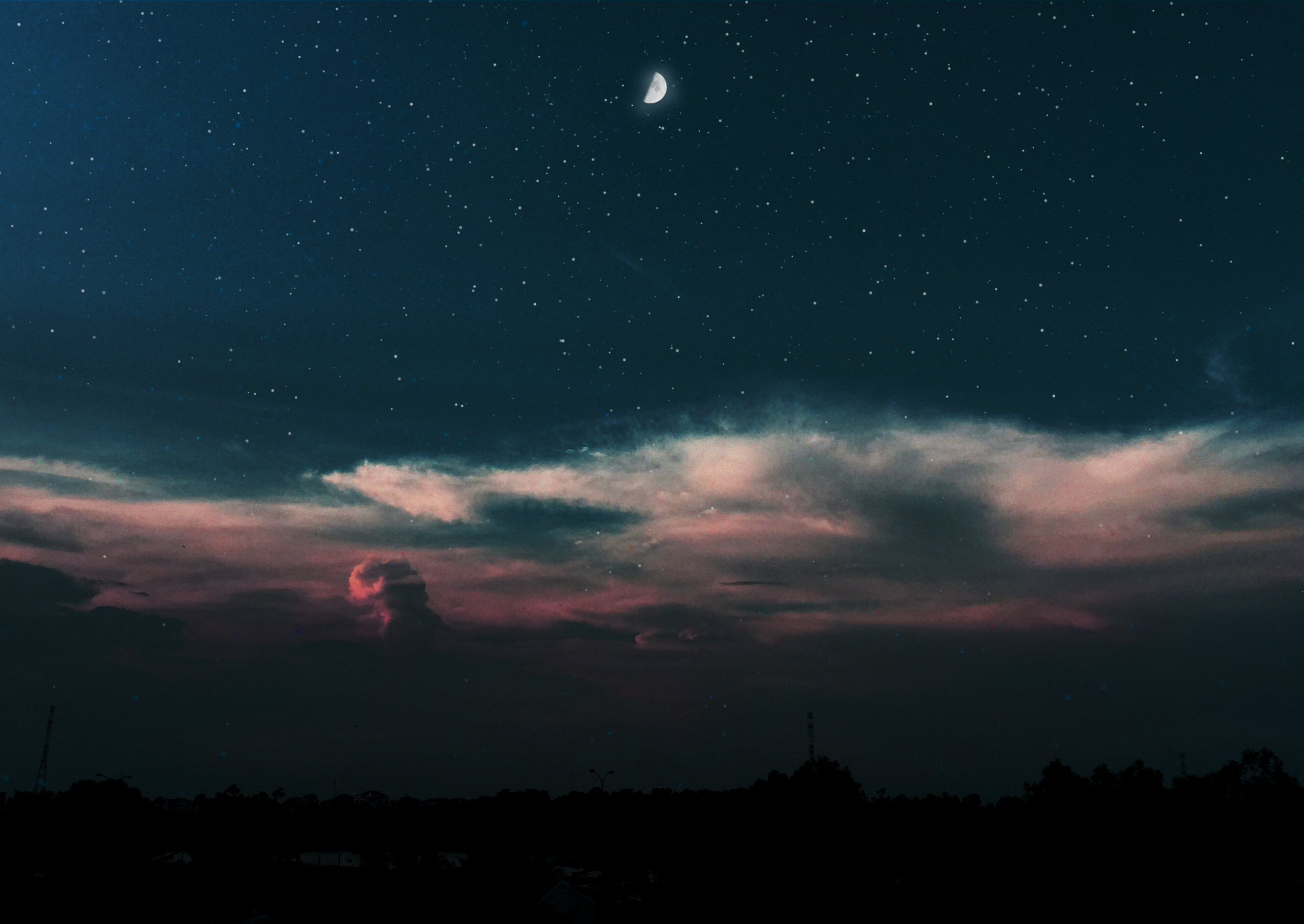 Starry night sky with moon and clouds over silhouette HD Wallpaper