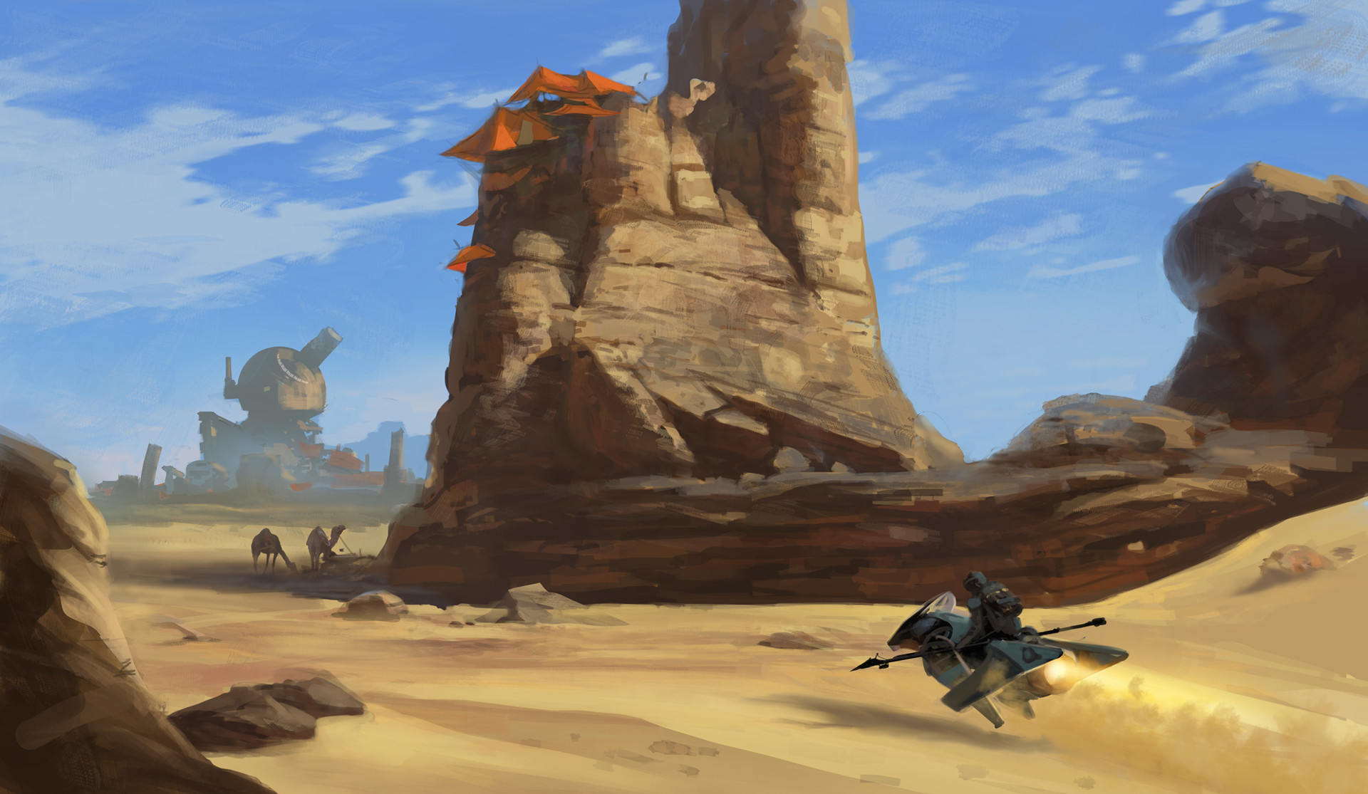 Desert landscape with speeder and camels HD Wallpaper