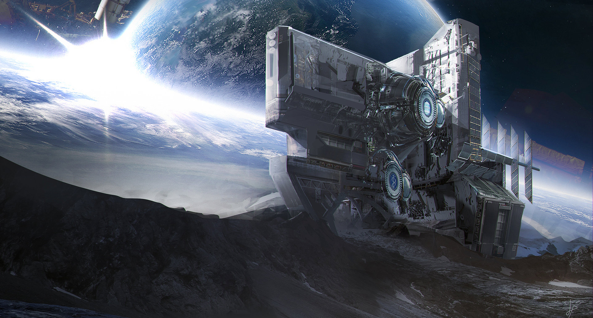 Spaceship on a rocky planet with Earth in the background HD Wallpaper
