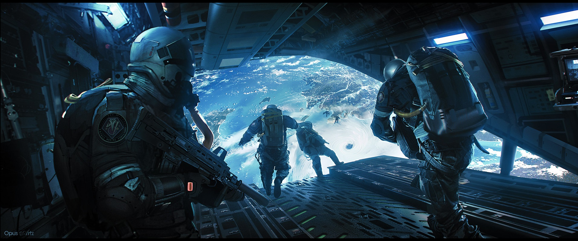 Soldiers preparing to jump from a spaceship to Earth HD Wallpaper