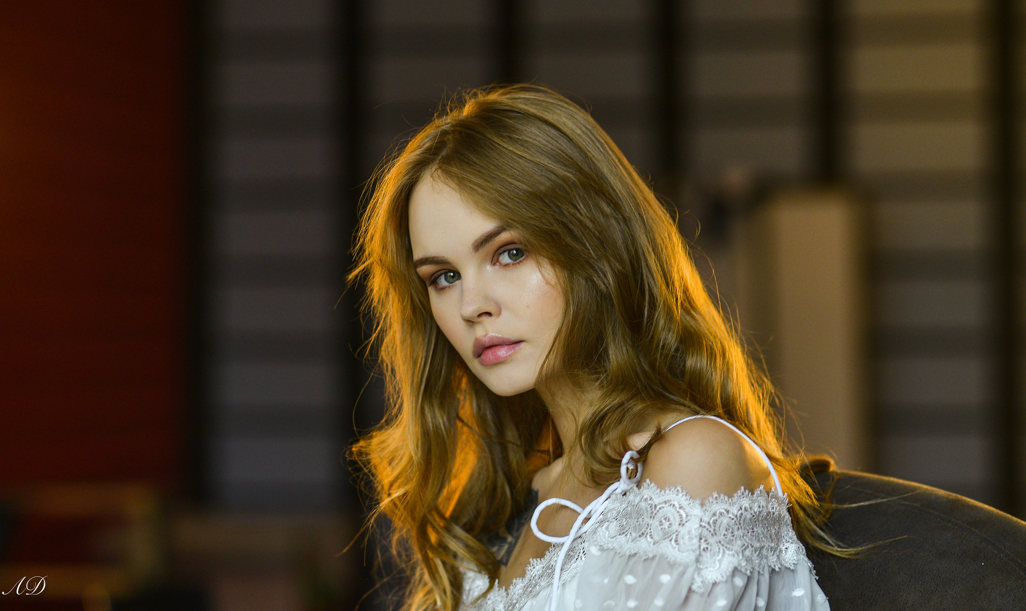 Young woman with blonde hair in white lace top HD Wallpaper