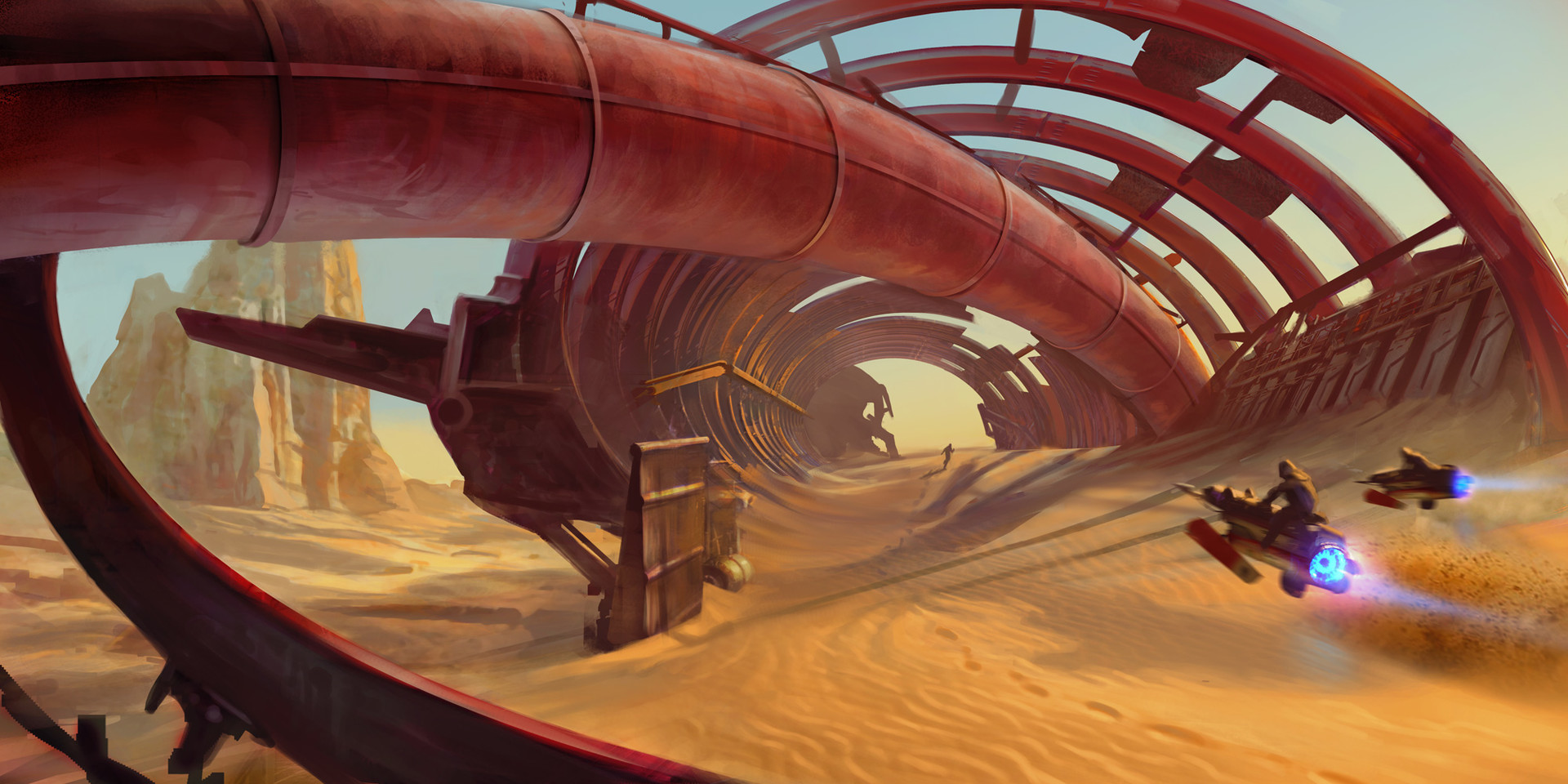 Sci-fi desert landscape with speeders and ruins HD Wallpaper