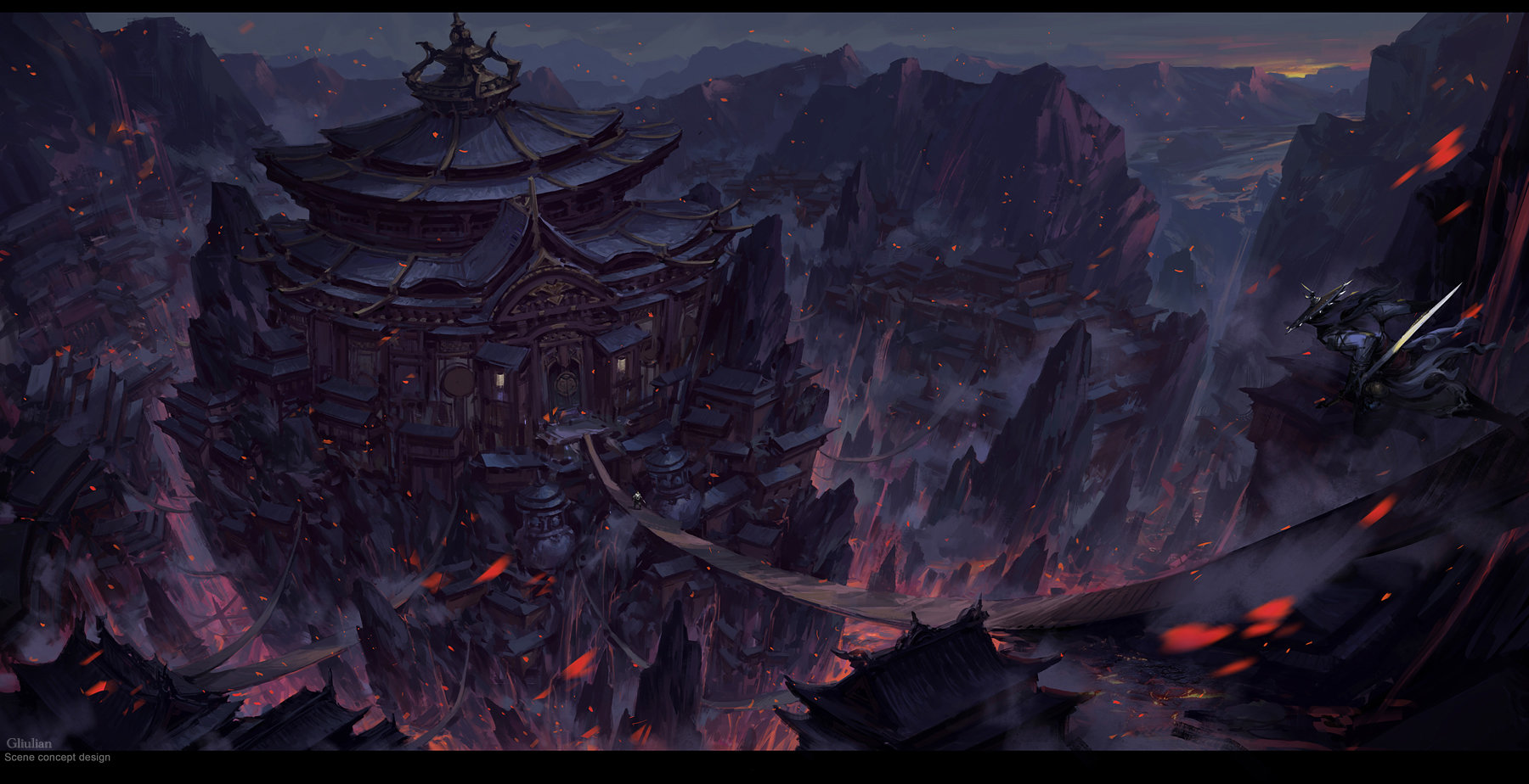 Fantasy landscape with a warrior and a temple HD Wallpaper