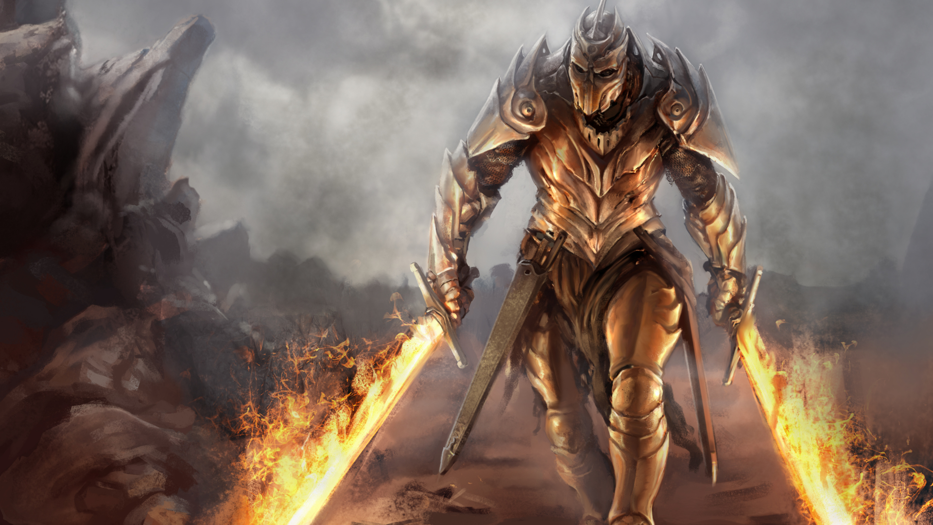 Golden armored warrior with flaming swords HD Wallpaper