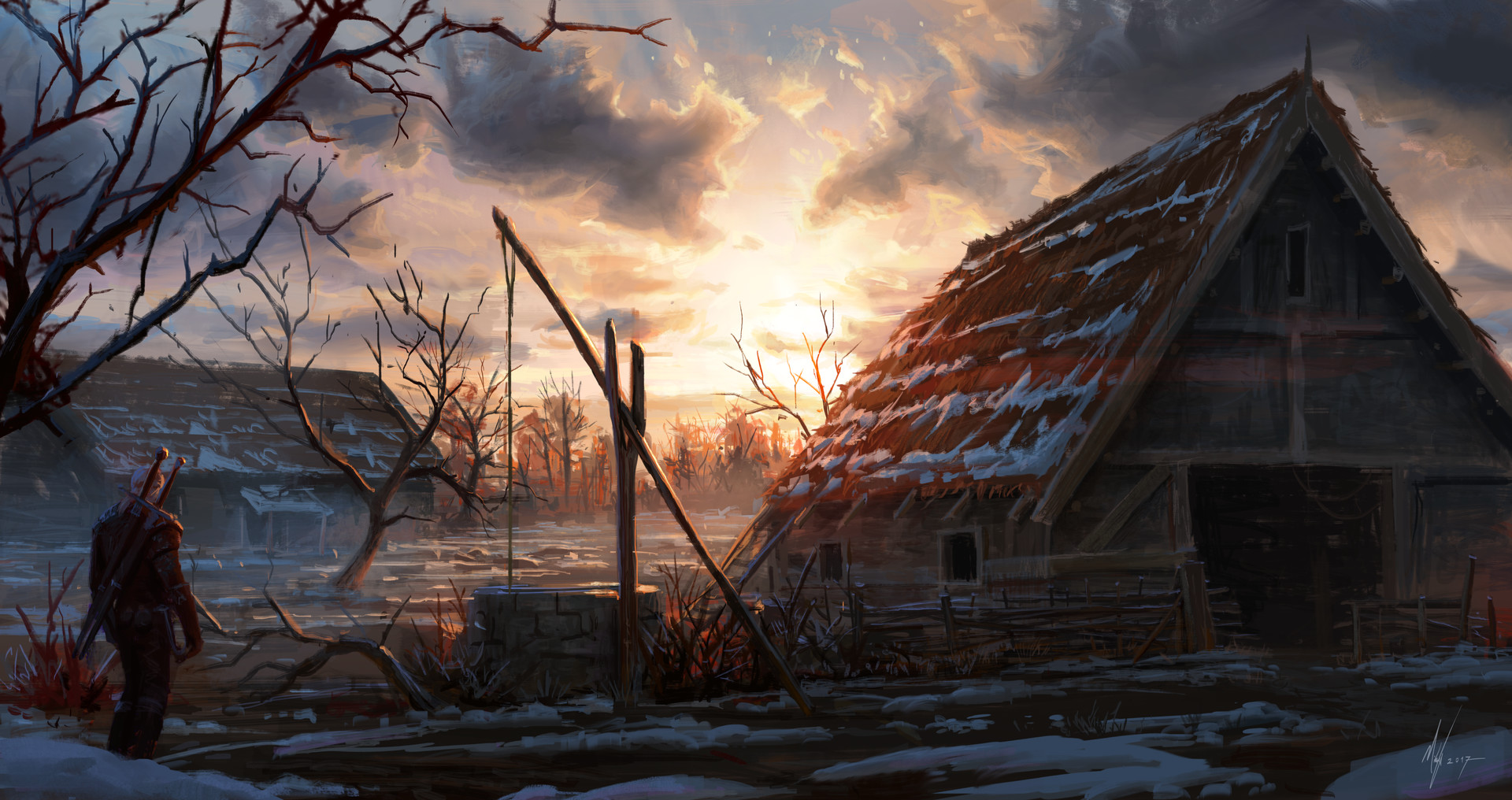 Geralt of Rivia from The Witcher 3: Wild Hunt in a snowy village HD Wallpaper