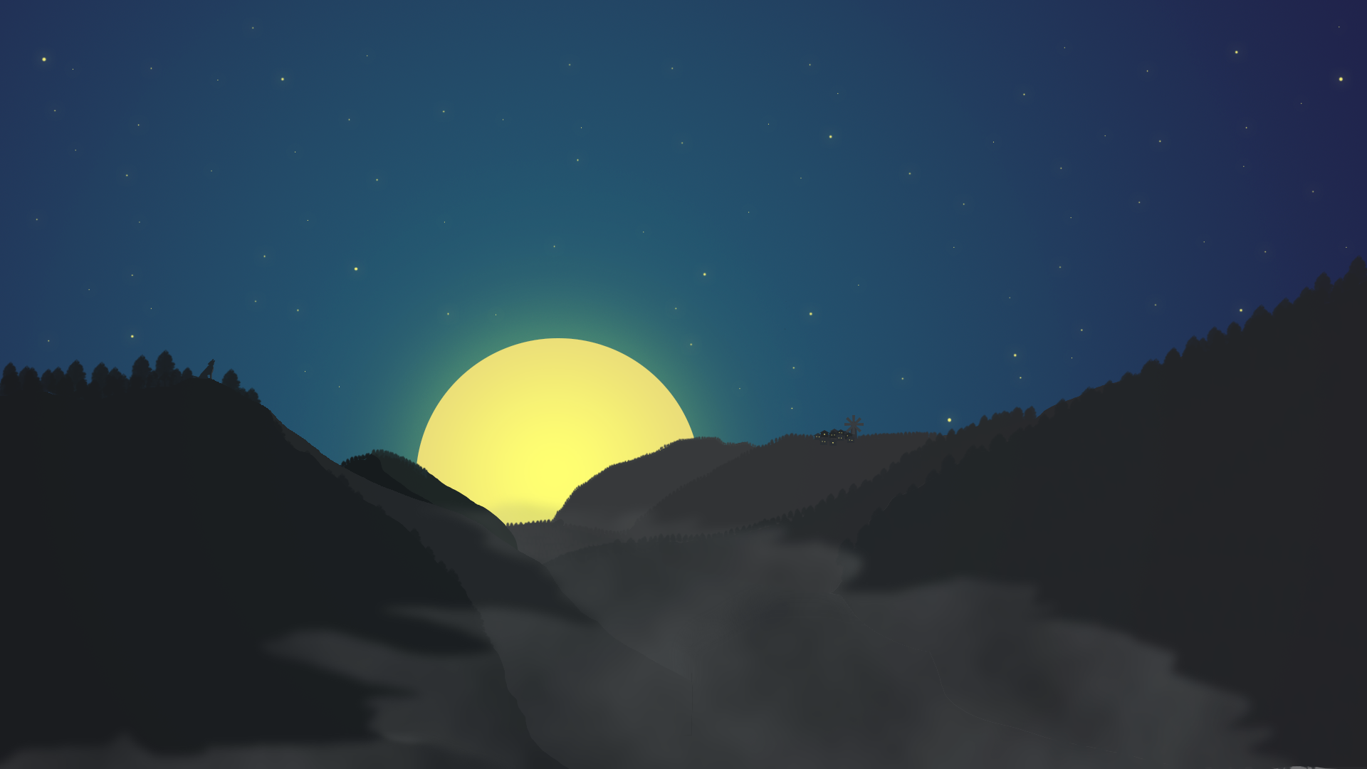 Minimalist landscape with a large moon over mountains HD Wallpaper