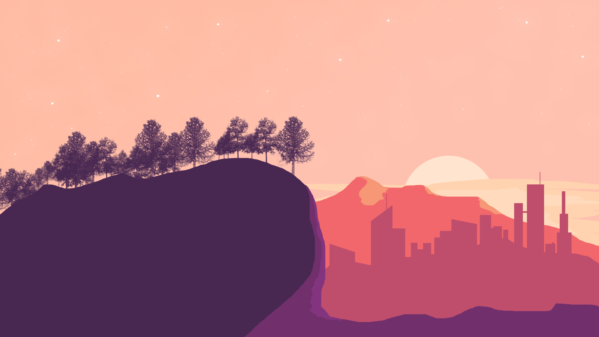 Minimalist landscape with trees and city skyline at sunset HD Wallpaper