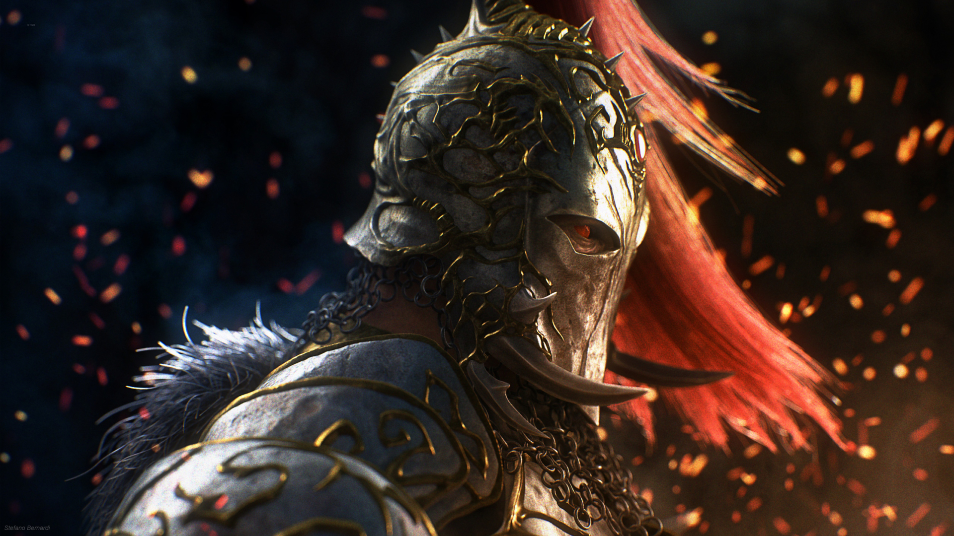 Warrior in ornate armor with red plume HD Wallpaper
