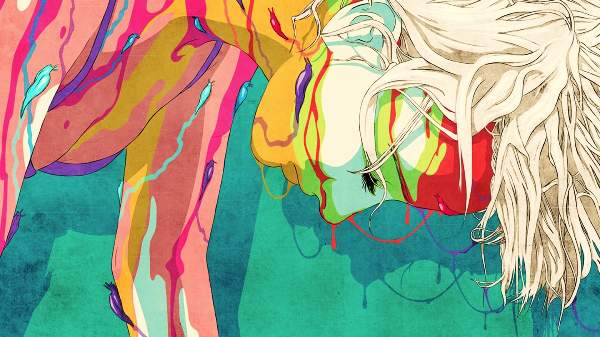 Colorful digital art with abstract dripping paint and slugs HD Wallpaper