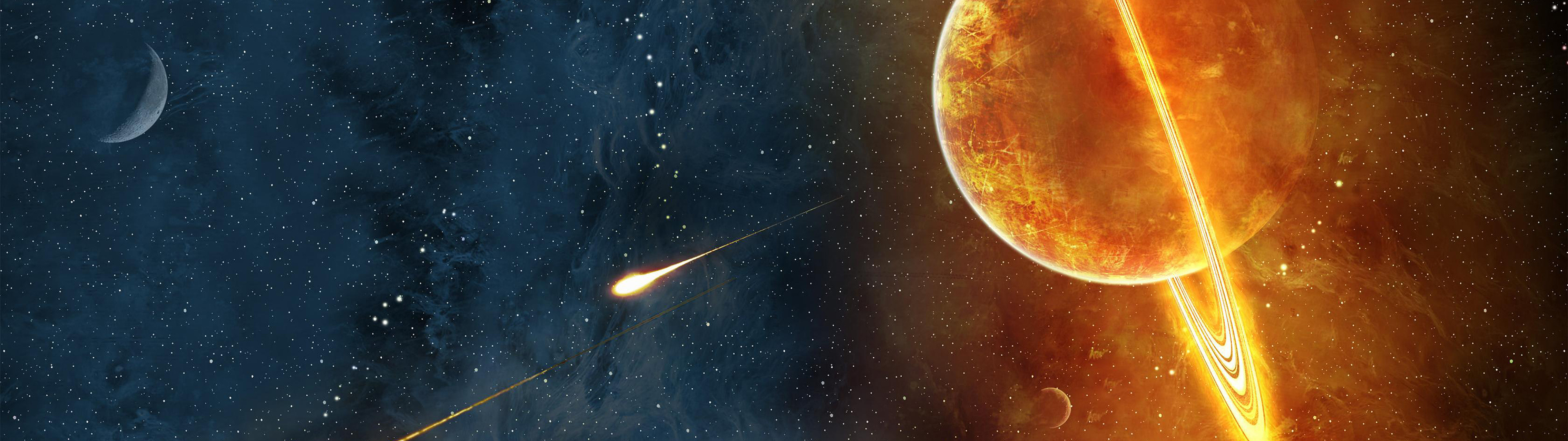 A ringed planet and a crescent moon in space HD Wallpaper
