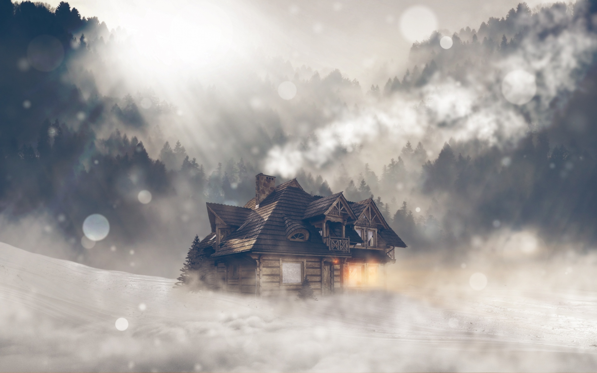 Wooden cabin in a misty winter forest with sun rays HD Wallpaper