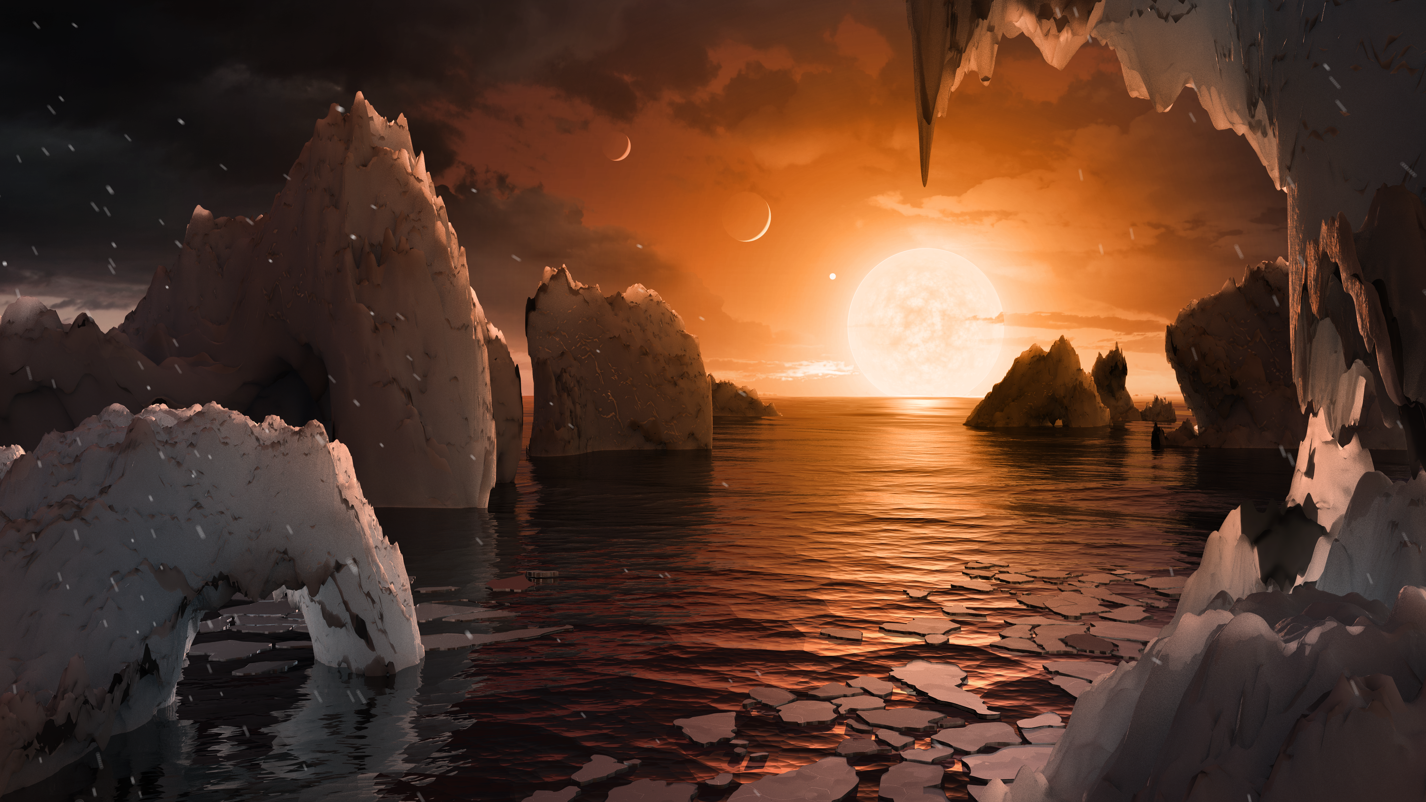 Artist's concept of exoplanet TRAPPIST-1f with icebergs and a large sun HD Wallpaper