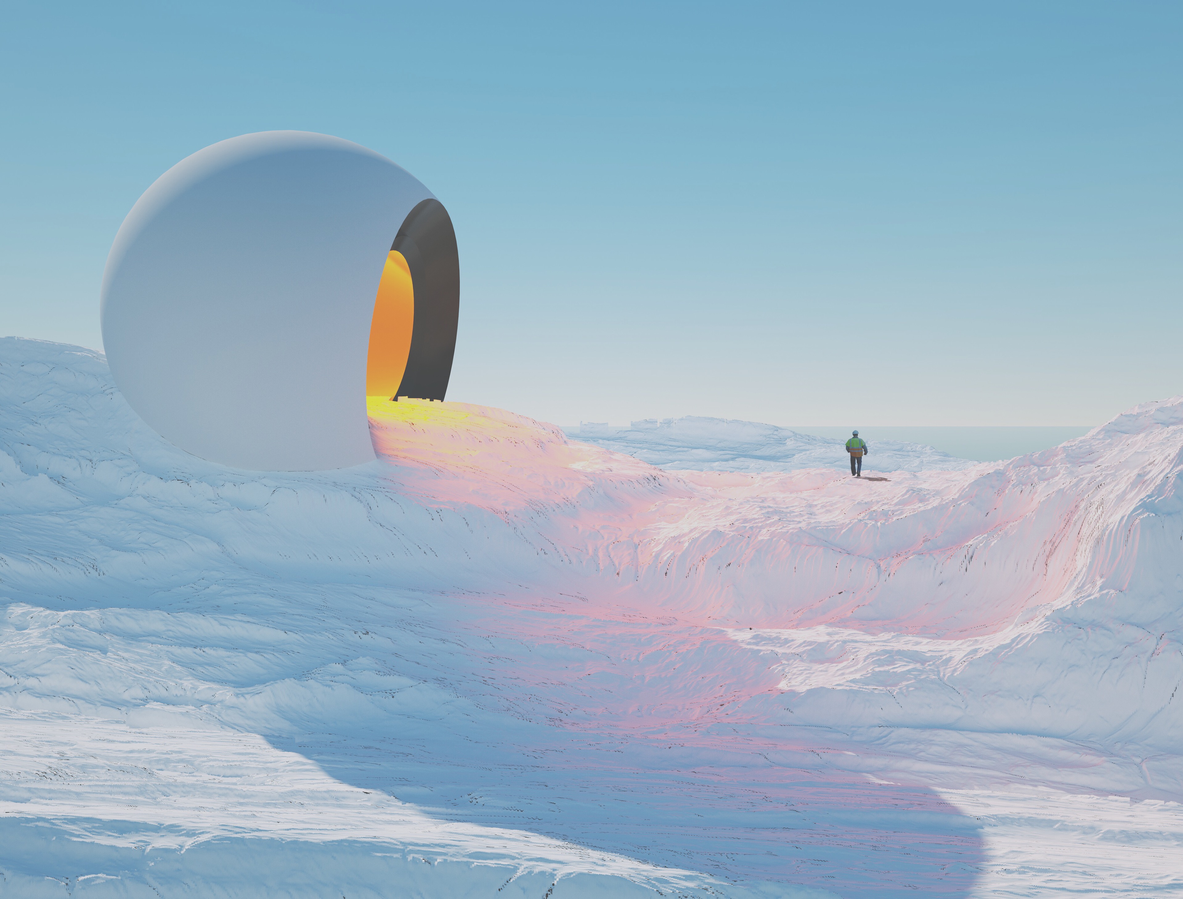 Man walking in a snowy landscape with a large orb HD Wallpaper