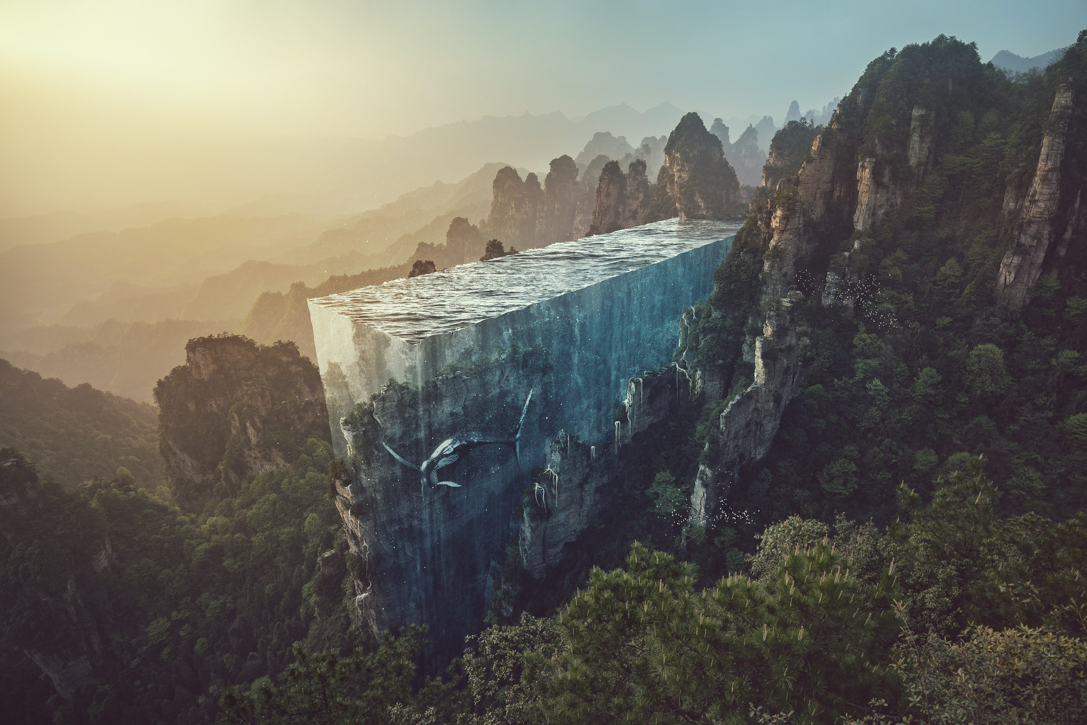 Whale in a floating ice cube over mountains HD Wallpaper
