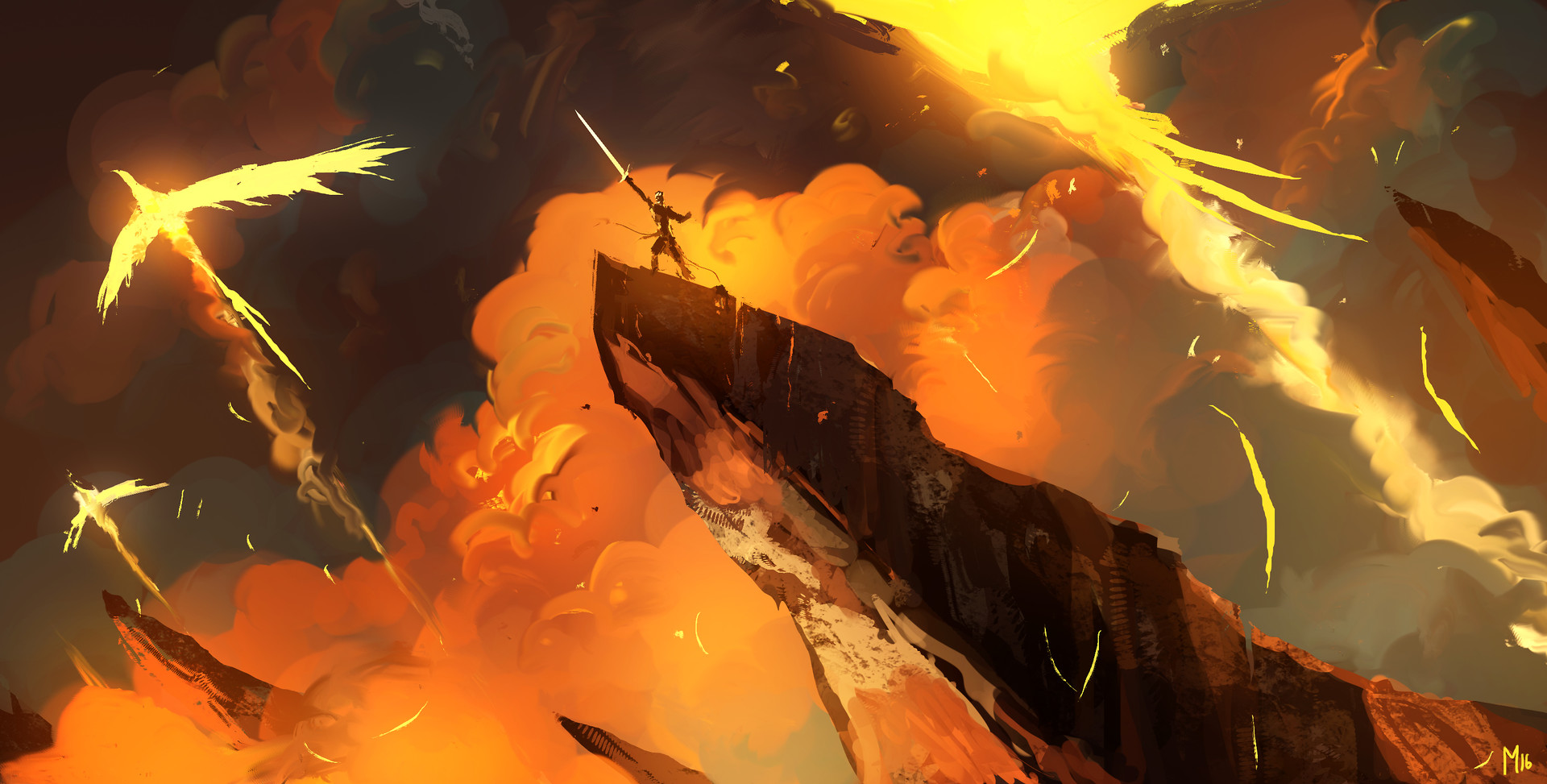 Phoenixes and a warrior on a cliff HD Wallpaper