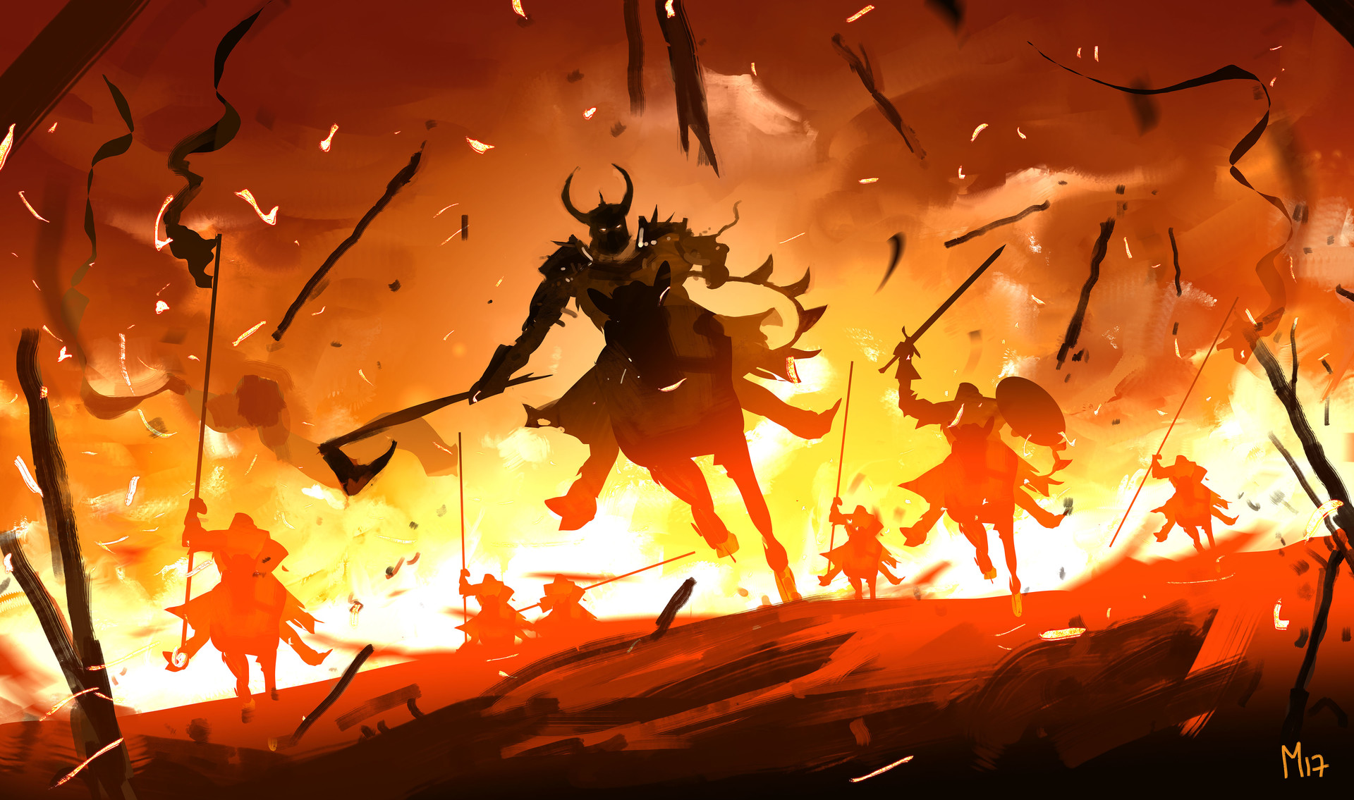 Dominik Mayer's Digital Art of a Fiery Battle HD Wallpaper
