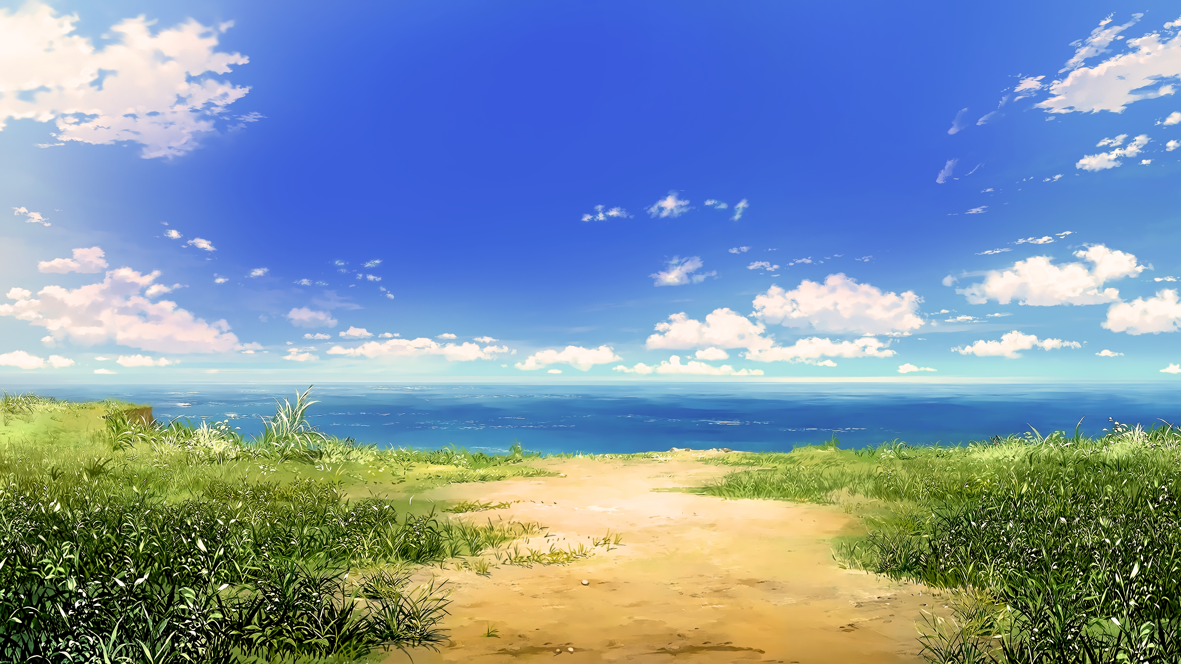 Anime landscape with blue sky and ocean HD Wallpaper